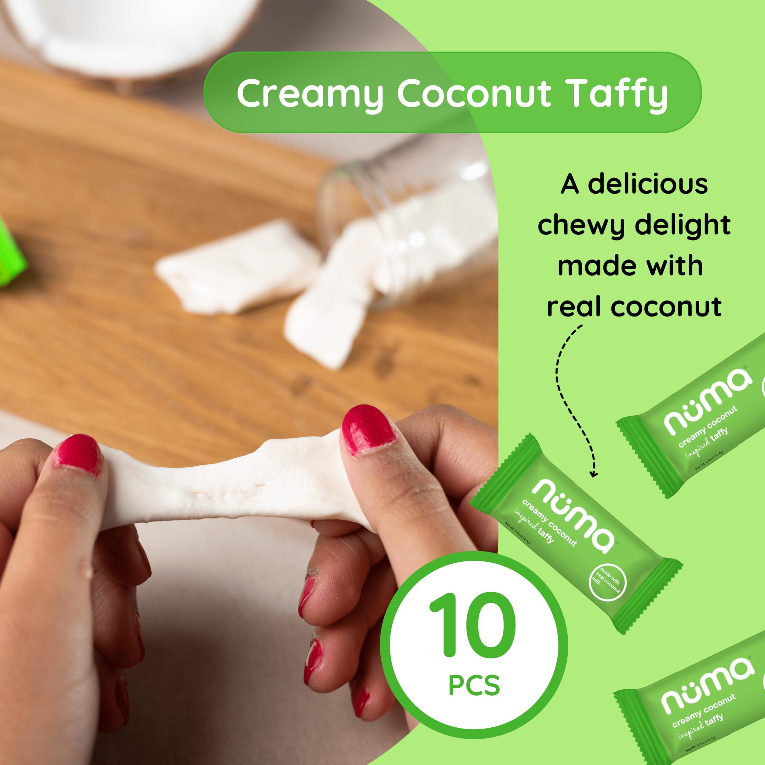 Numa Foods Creamy Coconut Taffy Candy - Dairy Free, Low Sugar Candy - Low Calorie & All Natural Chewy Snack With Real Mct-Rich Coconut Milk, Gluten Free - 3 Bags With 8 Individually Wrapped Chews Each