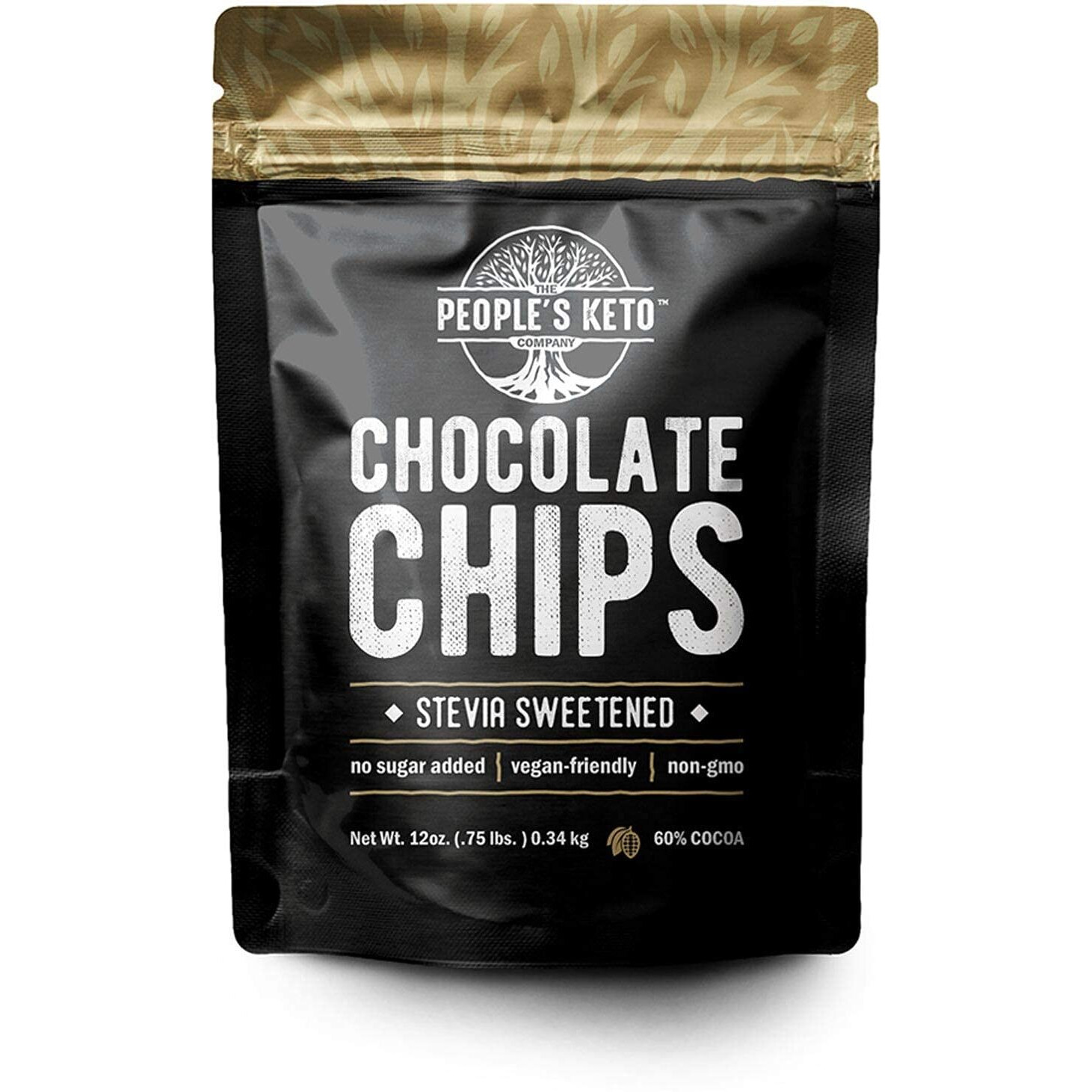 Sugar Free Large Chocolate Chips, Stevia Sweetened, 12 Oz. Value Size, Non-Gmo, Vegan, Keto, Low Carb, 60% Cocoa, All Natural, Baking Chips, Gluten Free, No Sugar Added (1 Pack)