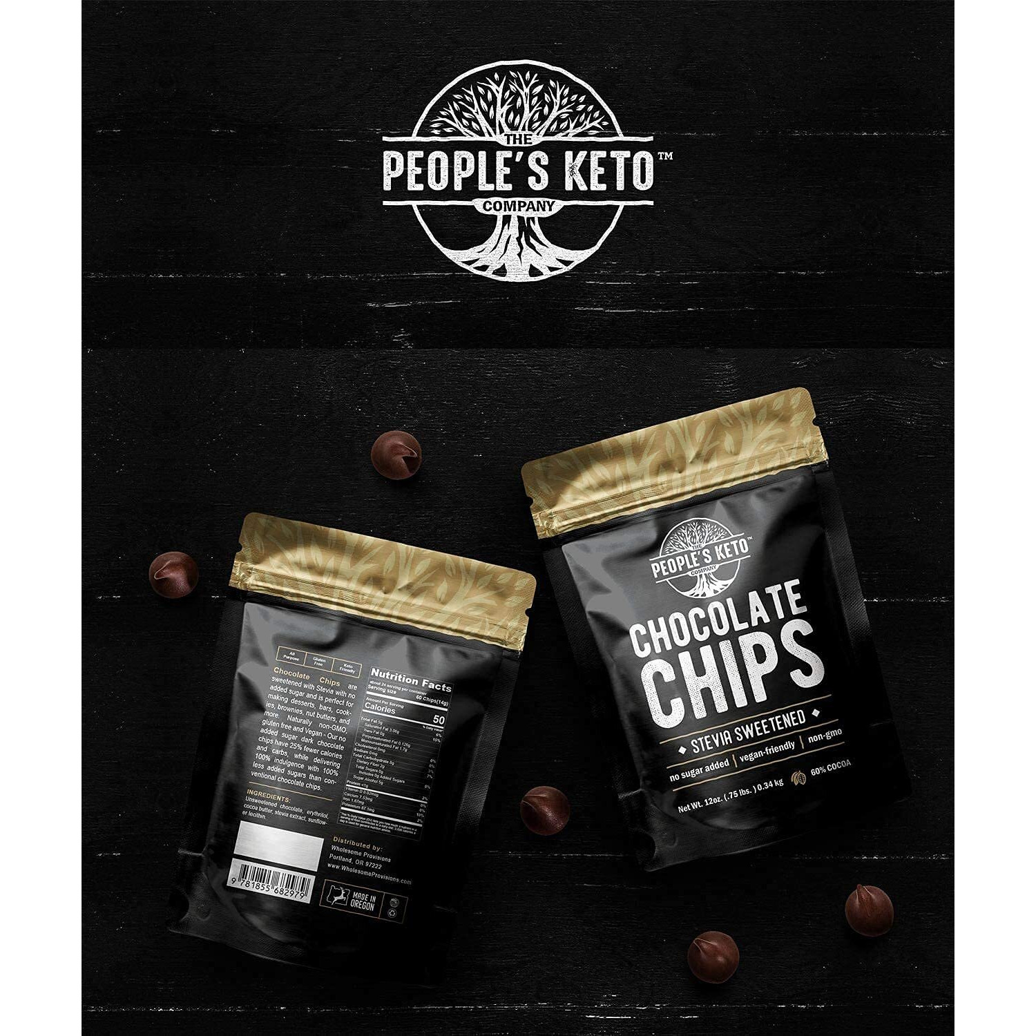 Sugar Free Large Chocolate Chips, Stevia Sweetened, 12 Oz. Value Size, Non-Gmo, Vegan, Keto, Low Carb, 60% Cocoa, All Natural, Baking Chips, Gluten Free, No Sugar Added (1 Pack)