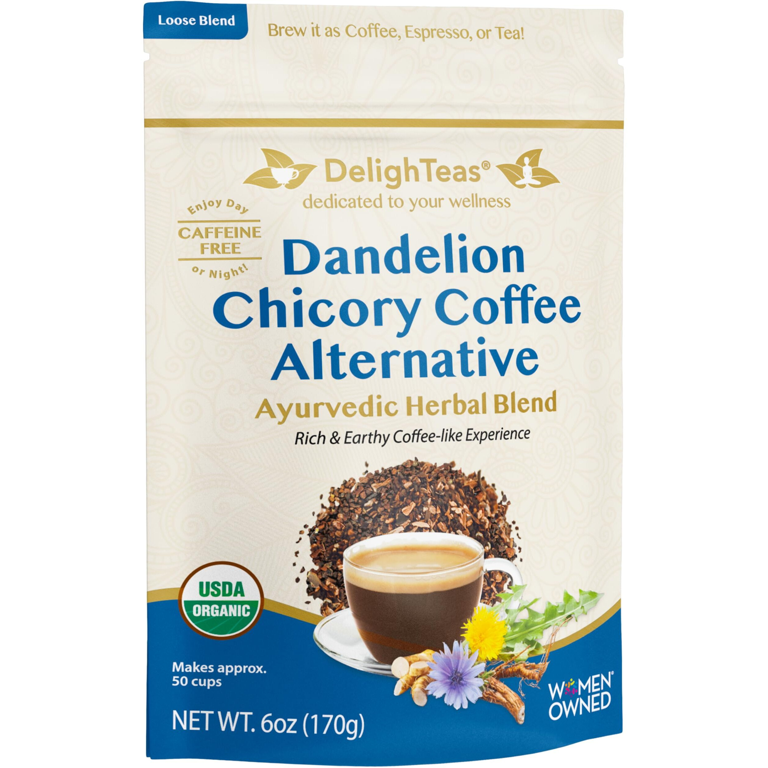 Delighteas Organic Coffee Alternative | Ayurvedic Herbal Chicory Dandelion Coffee | Coffee Substitute | Usda Organic, Caffeine Free, Gluten Free | With Sweet Notes Of Carob | 50 Servings, 6Oz.