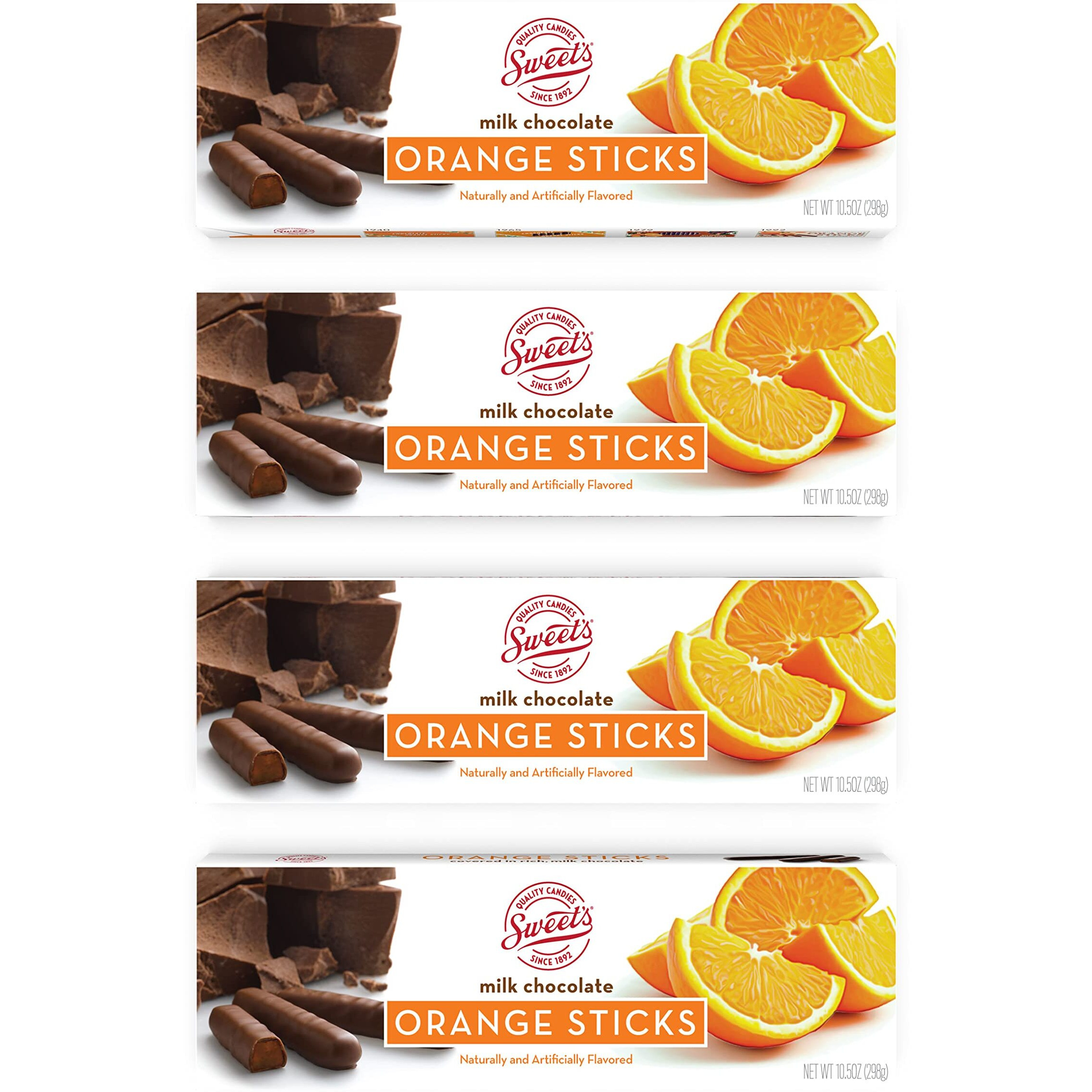 Sweet Candy Milk Chocolate Orange Sticks - Chocolate Covered Candy - Orange Flavor With Rich Chocolate Coating - Old Fashioned Sweet Treat - Four (4) 10.5Oz Box