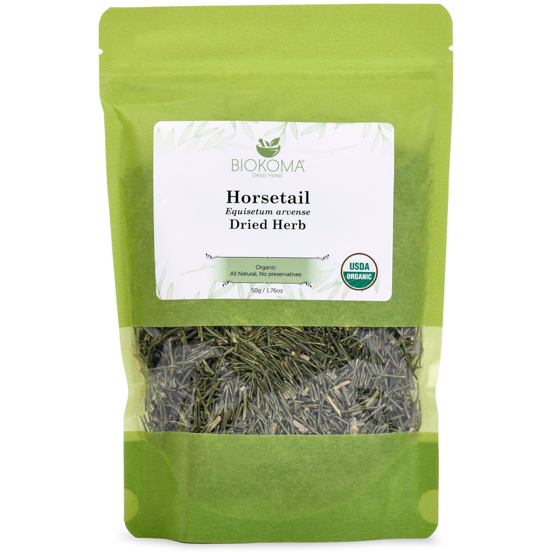 Biokoma Pure And Organic Horsetail Dried Leaves 50G In Resealable Pack Moisture Proof Pouch, Usda Certified Organic - Herbal Tea, No Additives, No Preservatives, No Gmo, Kosher