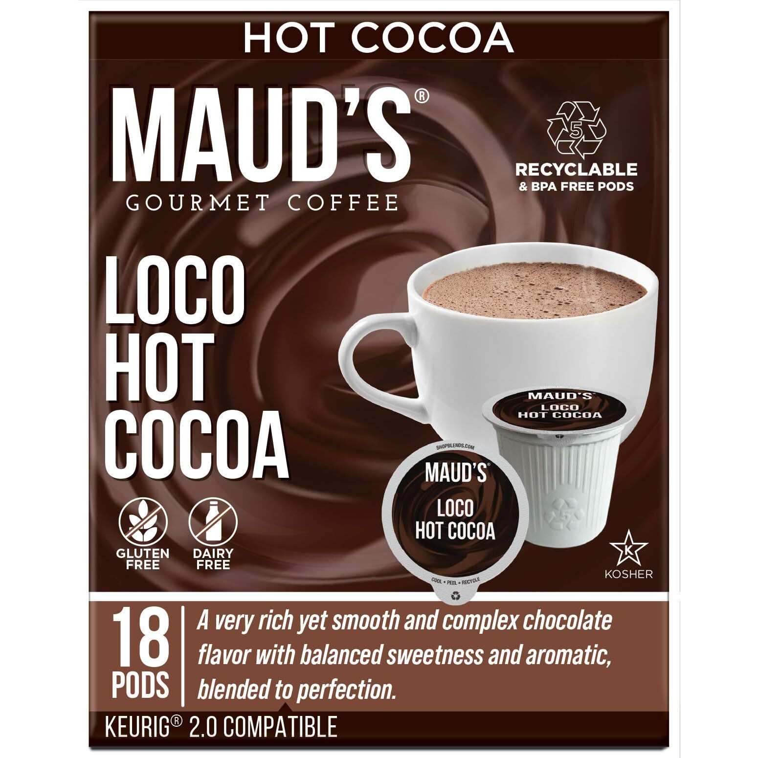 Maud's Dark Hot Chocolate Pods, 18Ct. | Single Serve Gluten & Dairy Free Hot Cocoa | 100% California Blended Hot Chocolate | Solar Energy Produced Recyclable Pods Compatible With Keurig K Cups Maker