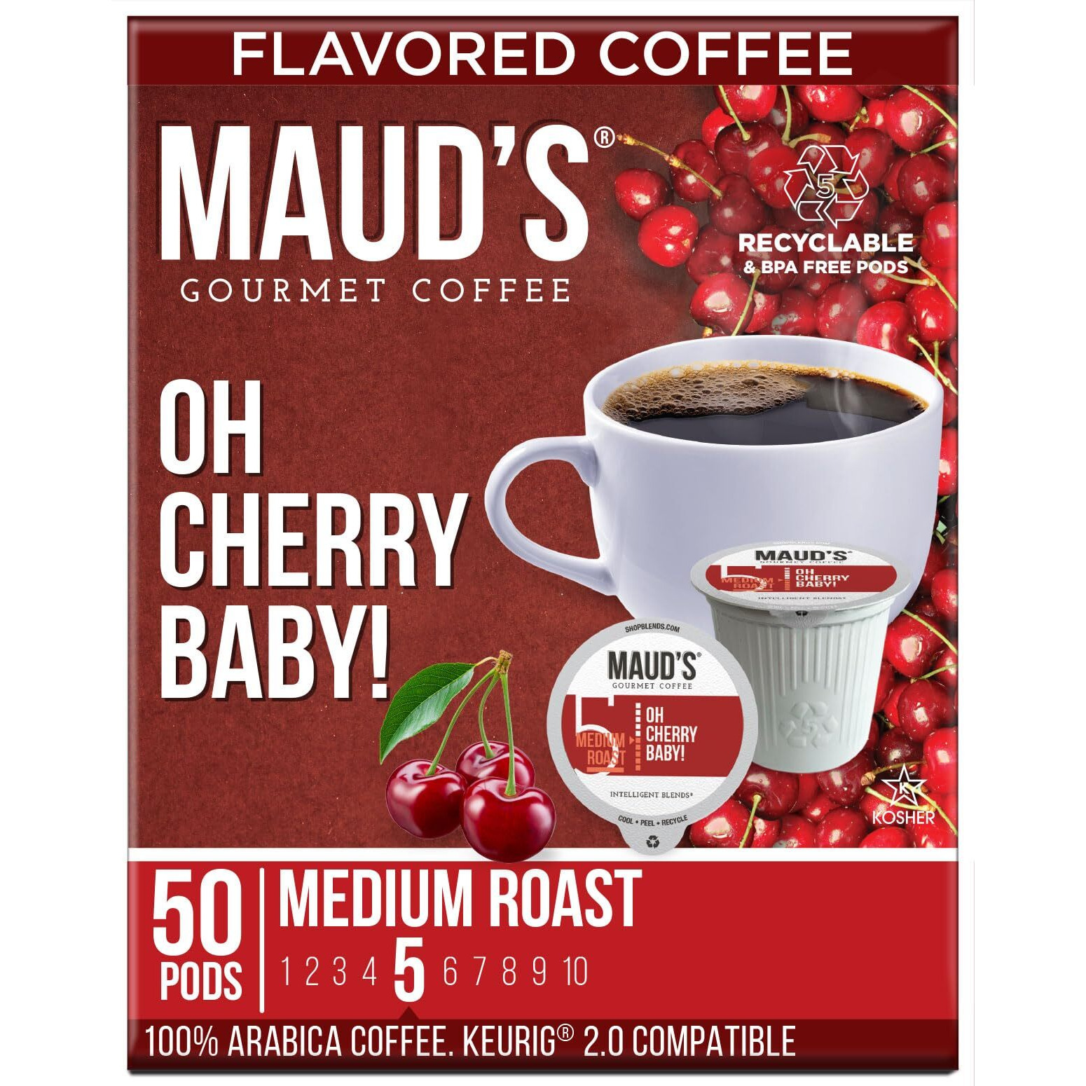 Maud's Cherry Flavored Coffee Pods, 50 Ct | Oh Cherry Baby | 100% Arabica Medium Roast Coffee | Solar Energy Produced Recyclable Single Serve Coffee Pods Compatible With Keurig K-Cup Brewers