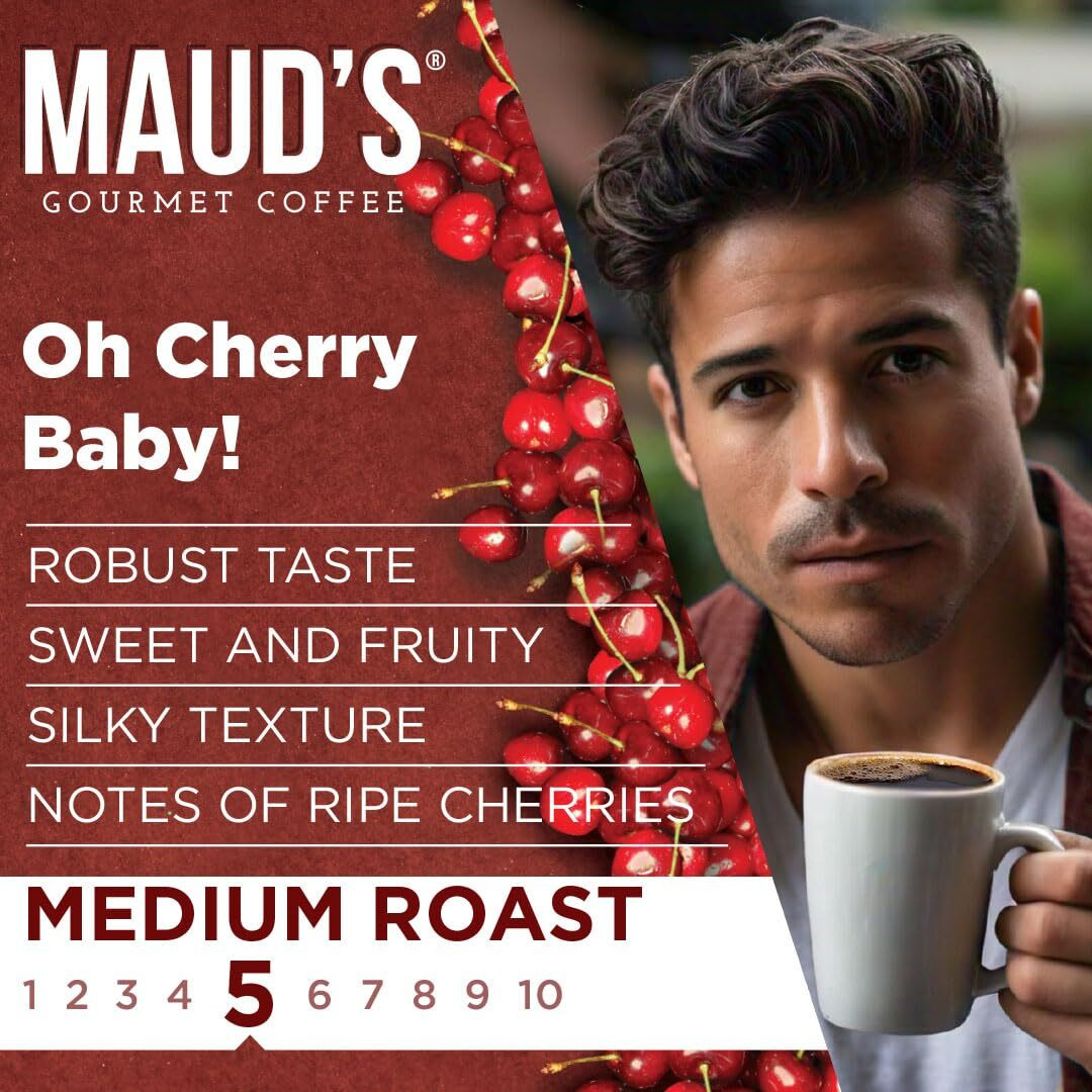 Maud's Cherry Flavored Coffee Pods, 50 Ct | Oh Cherry Baby | 100% Arabica Medium Roast Coffee | Solar Energy Produced Recyclable Single Serve Coffee Pods Compatible With Keurig K-Cup Brewers