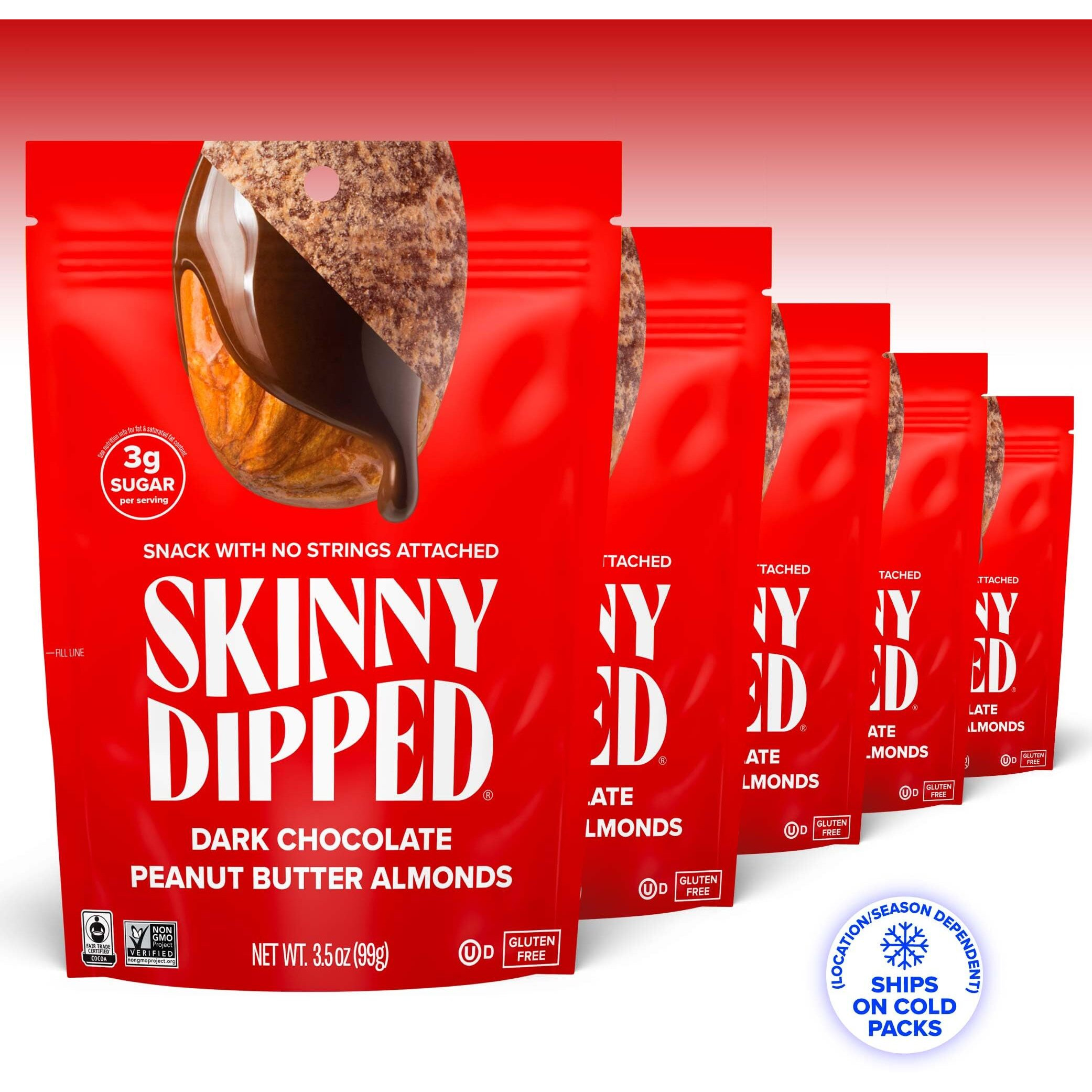 Skinnydipped Dark Chocolate Peanut Butter Almonds, Healthy Snack, Plant Protein, Gluten Free, 3.5 Oz Resealable Bags, (Pack Of 5)