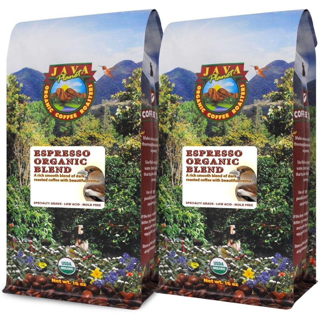 Java Planet Organic, Espresso Blend, Smooth Full Flavored Organic Coffee Beans, Low Acid, Whole Bean Coffee Two 1Lb Bags