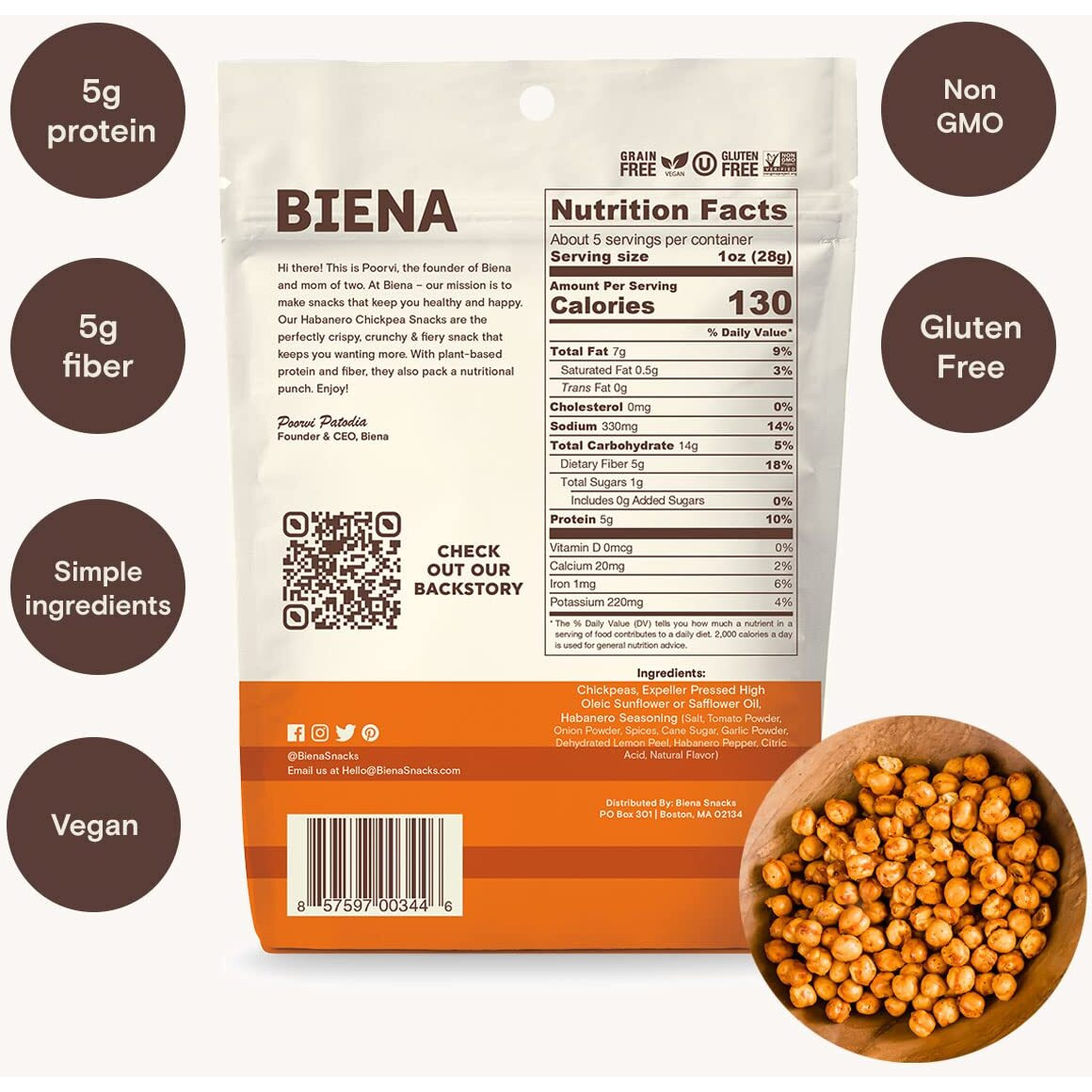Biena Chickpea Snacks - Crunchy Roasted Chickpeas - High Fiber Vegan Protein Snacks For Adults And Kids - 4-Pack, 5 Ounce - Habanero
