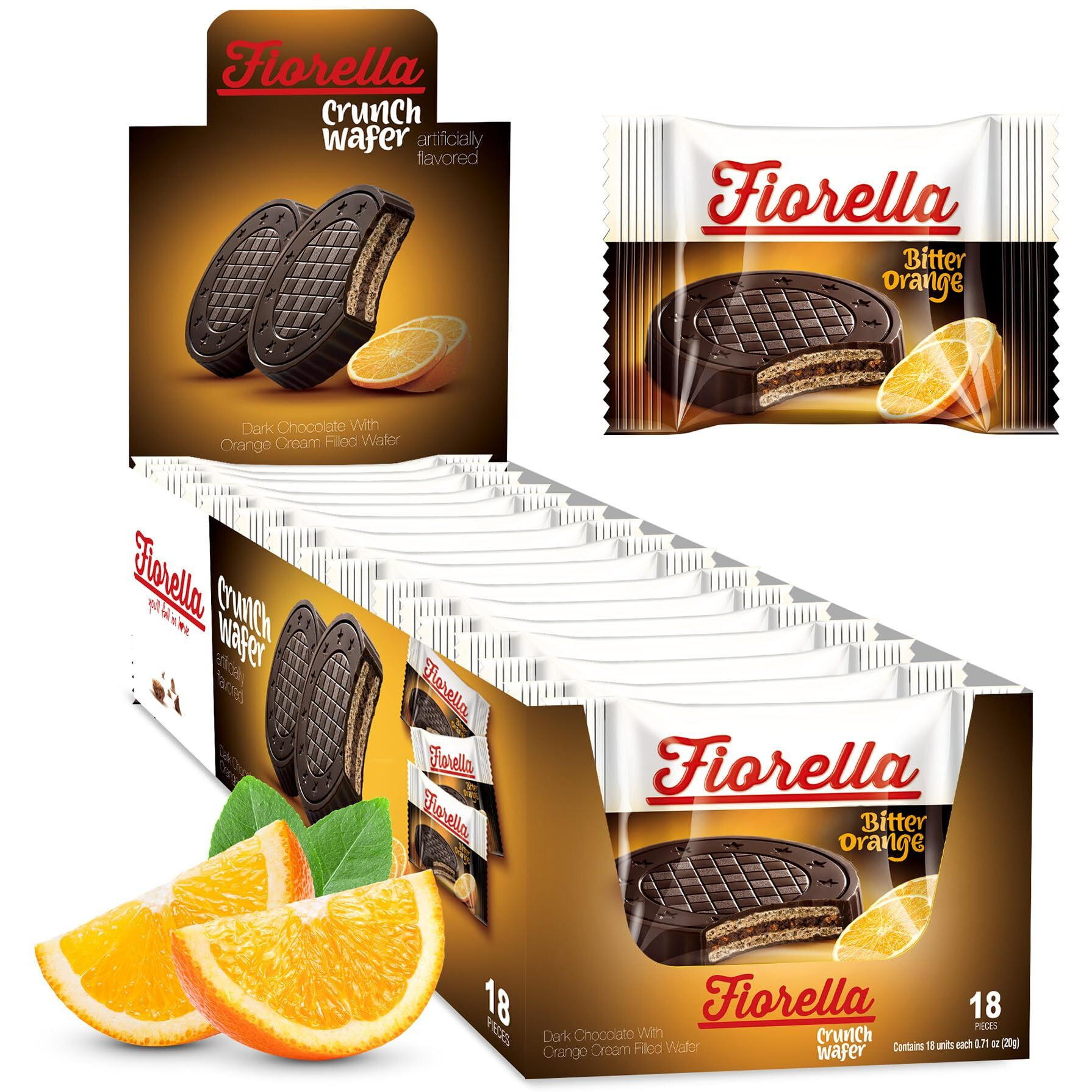 Fiorella Dark Chocolate Crunch Wafer Cookies - Delicious Chocolate Covered Crispy Thin Wafers With Layers Of Dark Chocolate W/Orange Cream Filling, Individually Wrapped, Perfect For Snacks, (Pack Of 18)