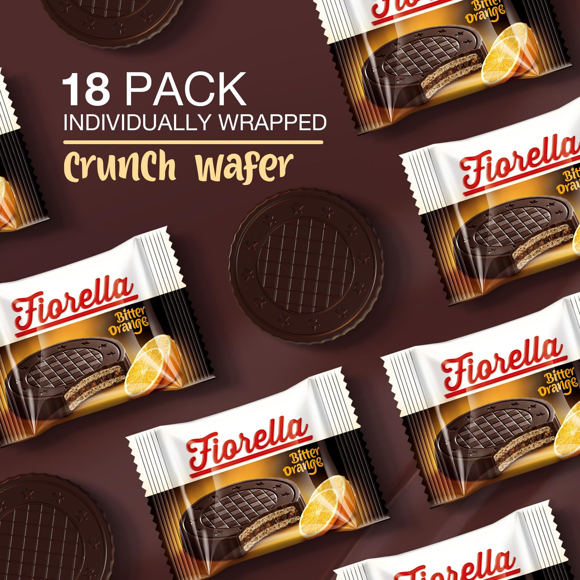 Fiorella Dark Chocolate Crunch Wafer Cookies - Delicious Chocolate Covered Crispy Thin Wafers With Layers Of Dark Chocolate W/Orange Cream Filling, Individually Wrapped, Perfect For Snacks, (Pack Of 18)