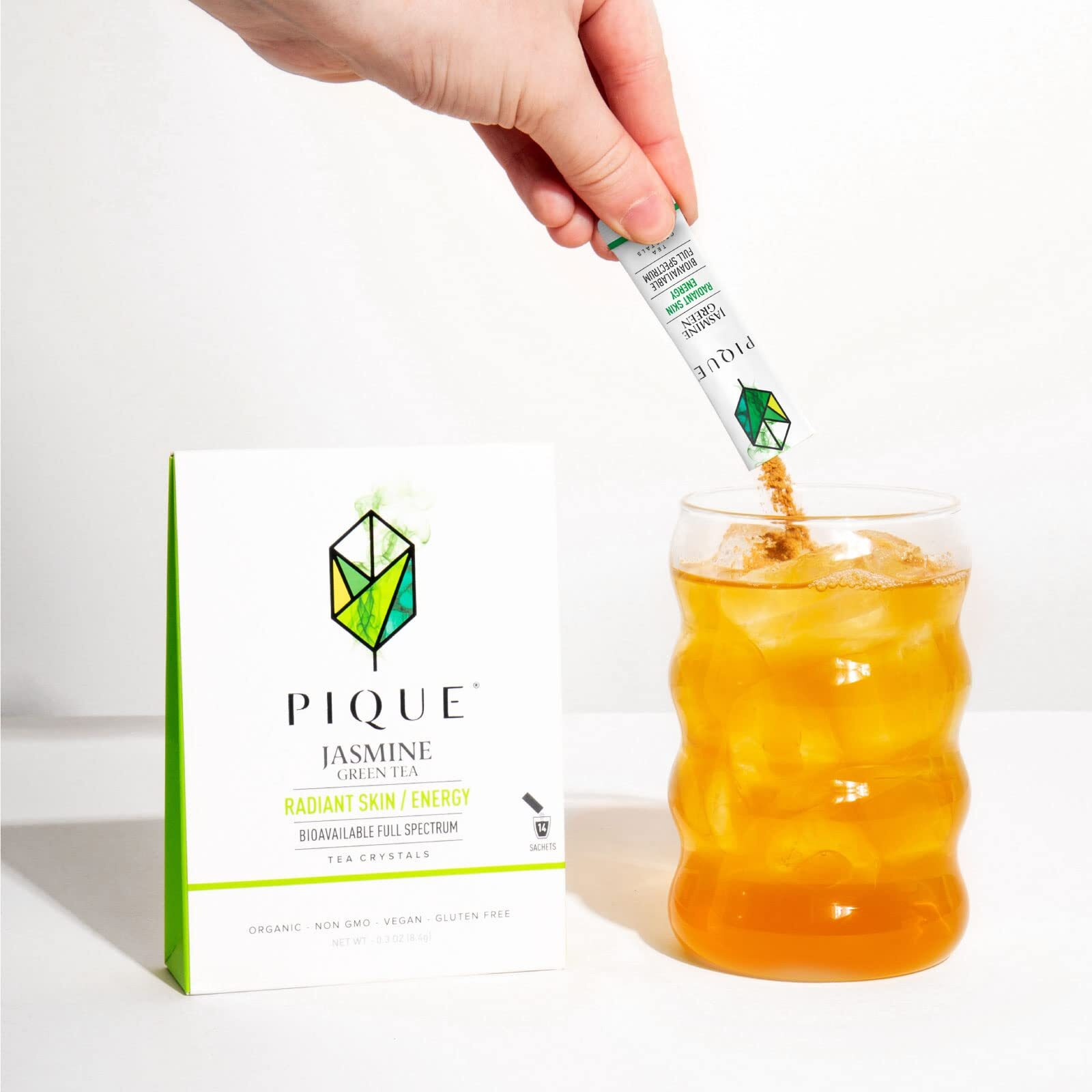 Pique Organic Jasmine Green Tea Crystals - Vitalizing Antioxidants For Immune Support, Radiant Skin, Calm Energy, Fresh Aroma Jasmine Petals - 28 Single Servings (2 Pack)