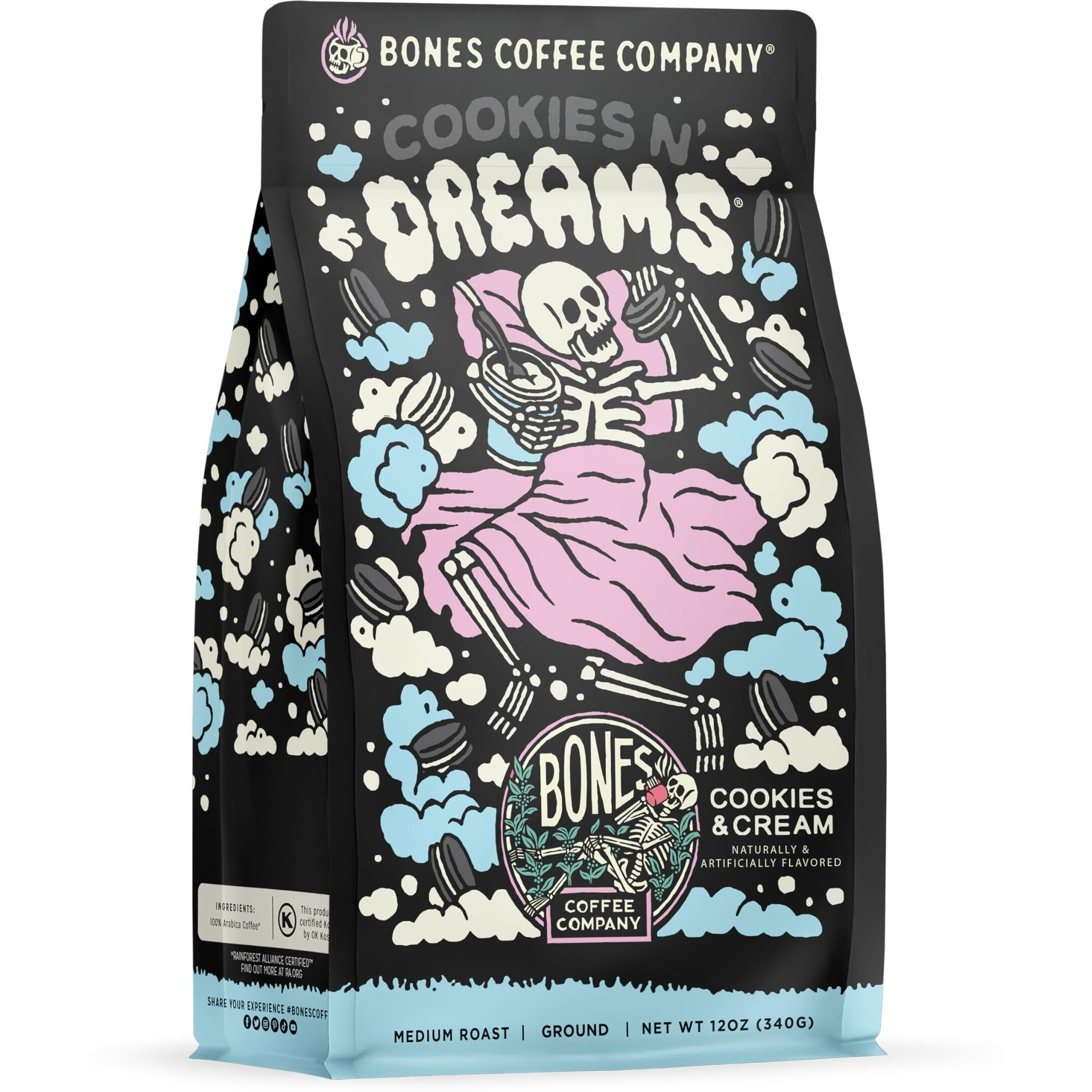 Bones Coffee Company Cookies 'N Dreams Ground Coffee Beans Cookies & Cream Flavor, Low Acid Flavored Coffee, Made With Arabica Coffee Beans, Medium Roast Coffee, Coffee Lover Gift Ideas (12 Oz)