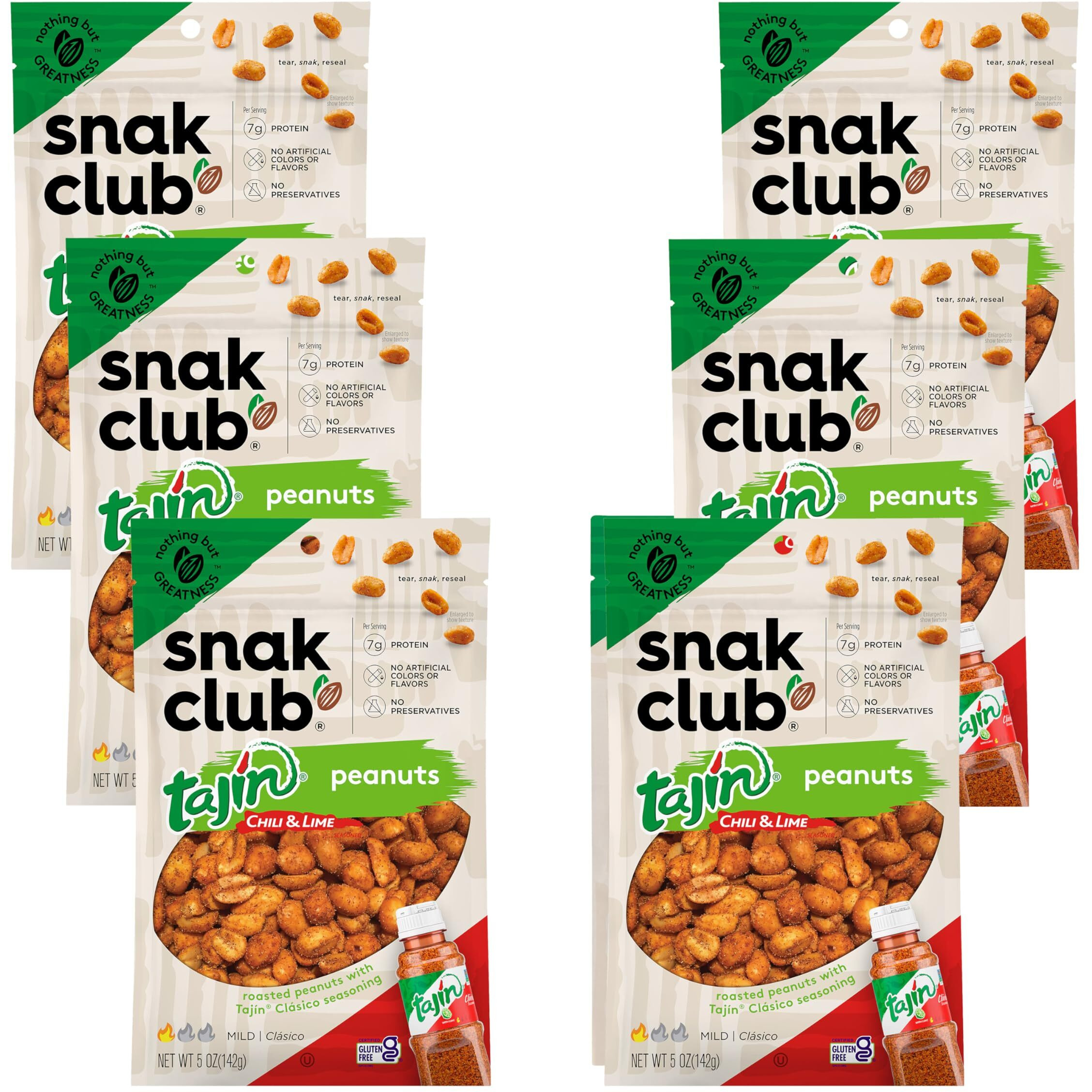 Snak Club Tajin Peanuts, Roasted Nuts With Chili And Lime Seasoning, Mild, Gluten-Free, Kosher Snacks, No Artificial Colors Or Flavors, No Preservatives, 5 Oz Resealable Bags, 6 Pack