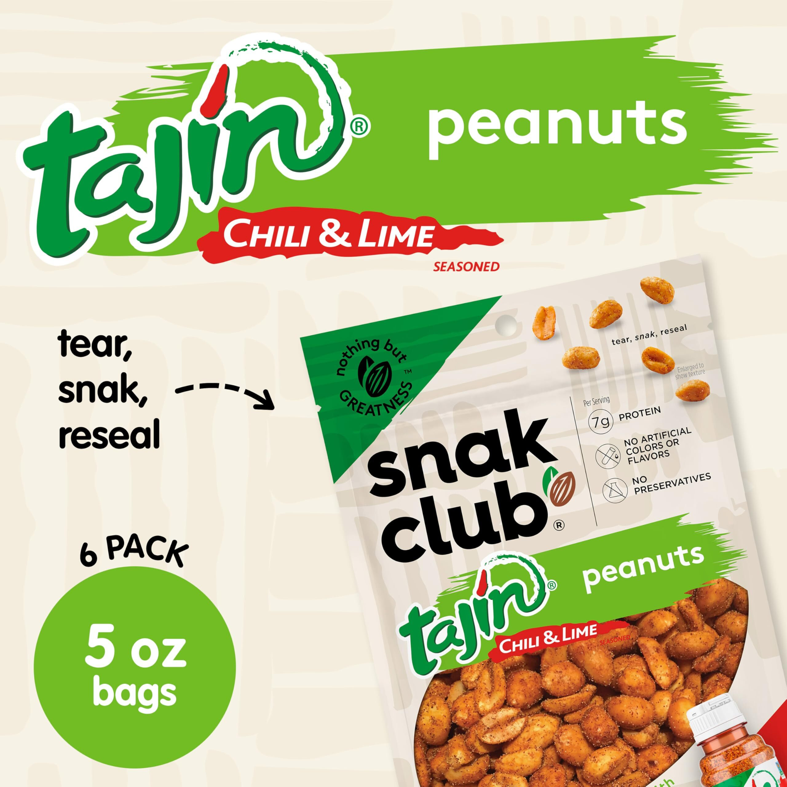 Snak Club Tajin Peanuts, Roasted Nuts With Chili And Lime Seasoning, Mild, Gluten-Free, Kosher Snacks, No Artificial Colors Or Flavors, No Preservatives, 5 Oz Resealable Bags, 6 Pack