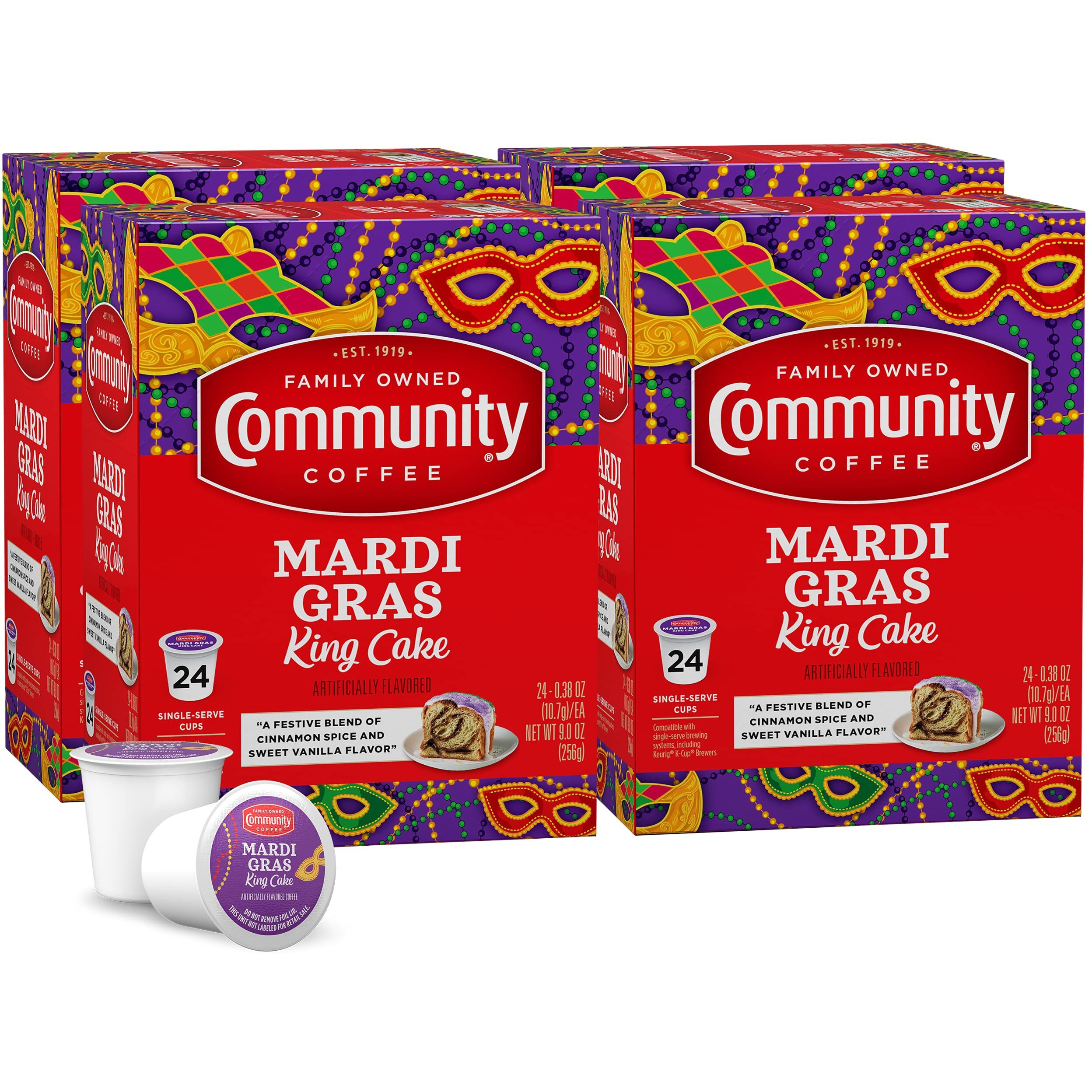 Community Coffee Mardi Gras King Cake Flavored 96 Count Coffee Pods, Medium Roast, Compatible With Keurig 2.0 K-Cup Brewers, 24 Count (Pack Of 4)
