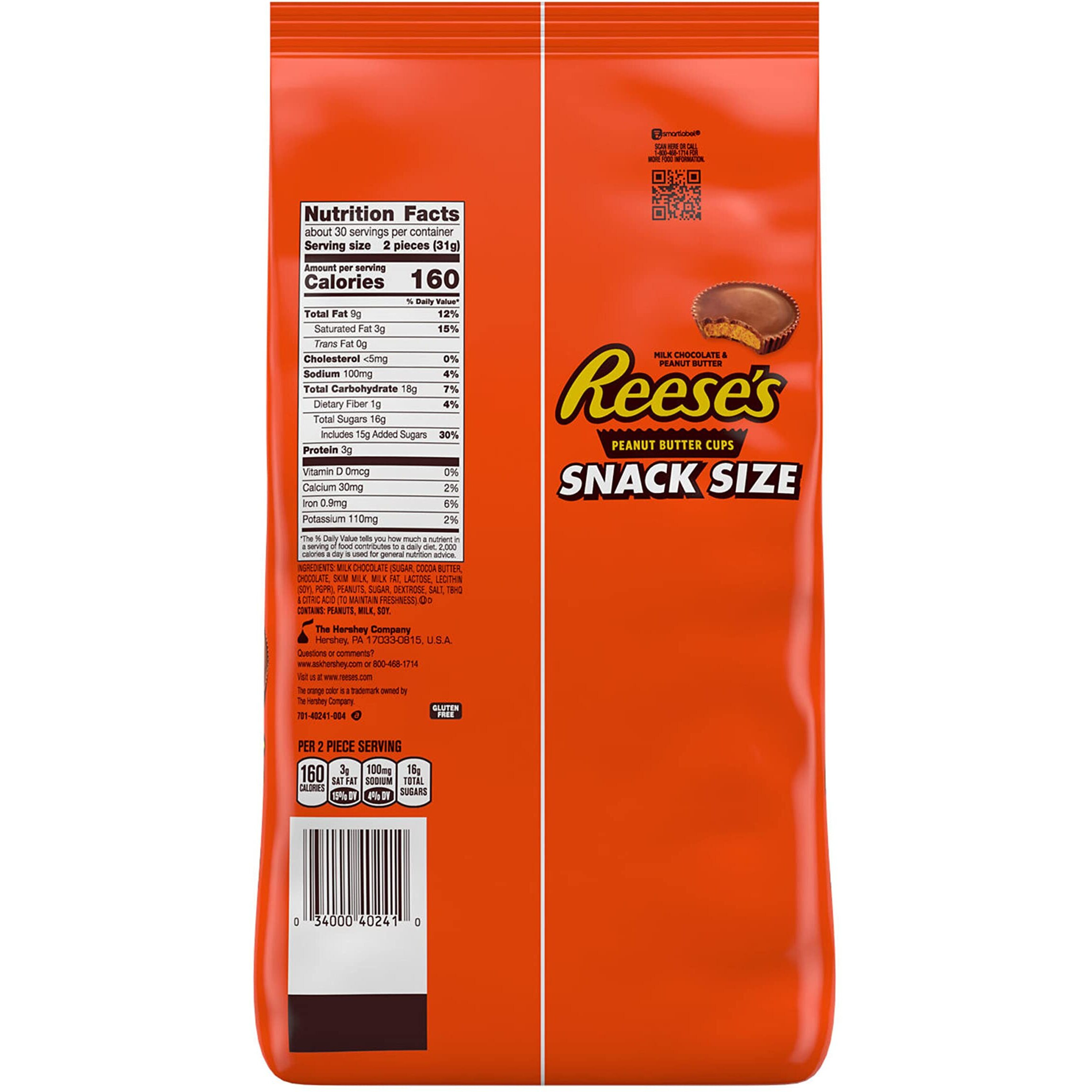 Reese's Milk Chocolate Peanut Butter Snack Size Cups, Candy Bag, 33 Oz (60 Pieces)