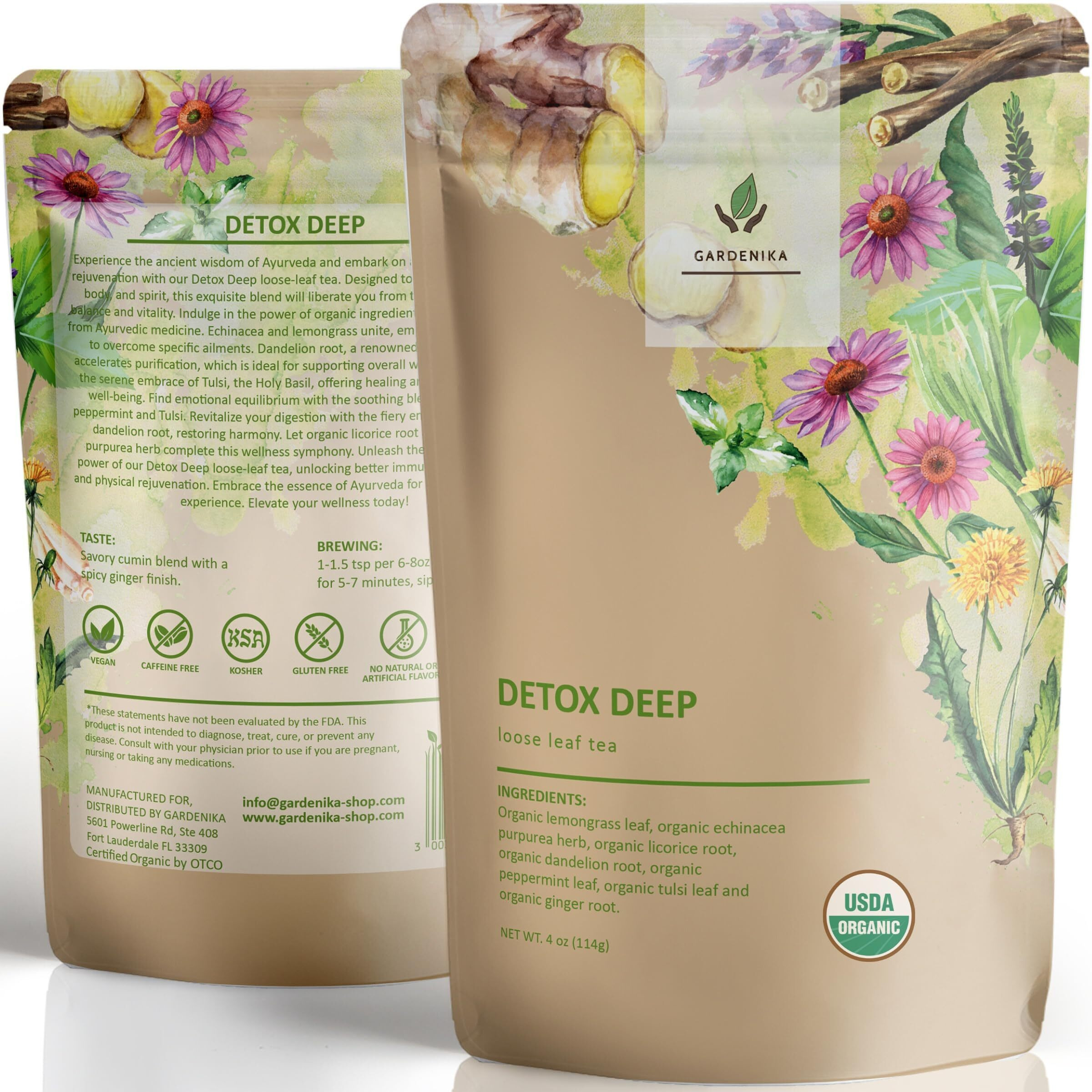 Organic Dandelion Root Detox Loose Leaf Tea, Herbal, Caffeine-Free, Ksa Kosher, Ayurvedic With Lemongrass, Peppermint, Echinacea - 4 Oz (1 Pack)
