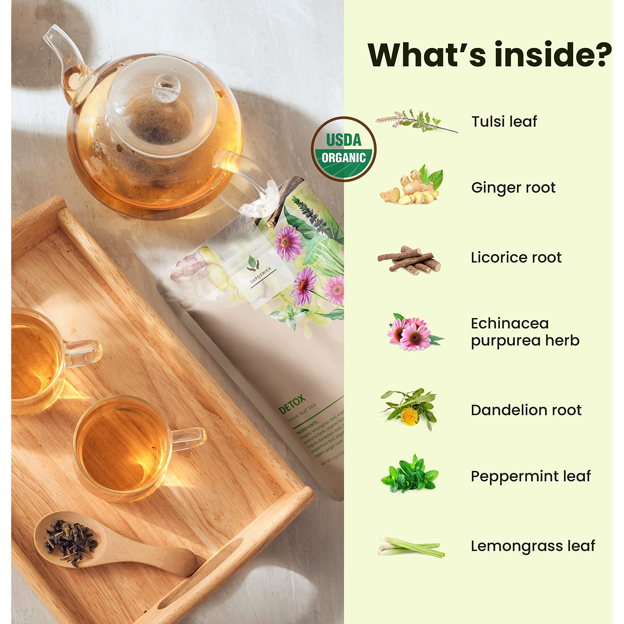 Organic Dandelion Root Detox Loose Leaf Tea, Herbal, Caffeine-Free, Ksa Kosher, Ayurvedic With Lemongrass, Peppermint, Echinacea - 4 Oz (1 Pack)