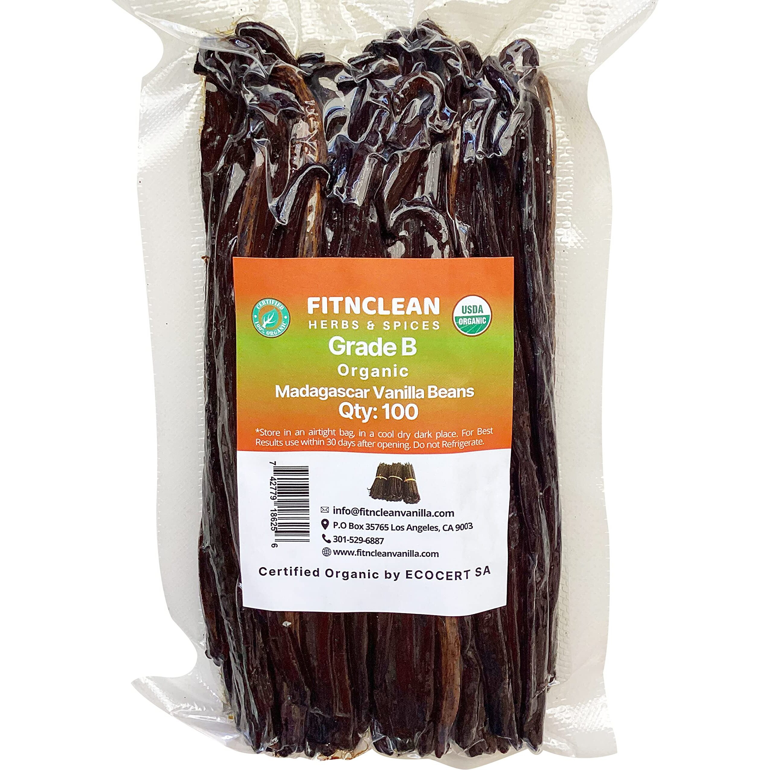 100 Organic Vanilla Beans Madagascar Grade B For Extract, Cooking And Baking. Certified Usda Organic. 5&quot&quot-7&quot&quot By Fitnclean Vanilla| Whole Non-Gmo Bourbon Pods