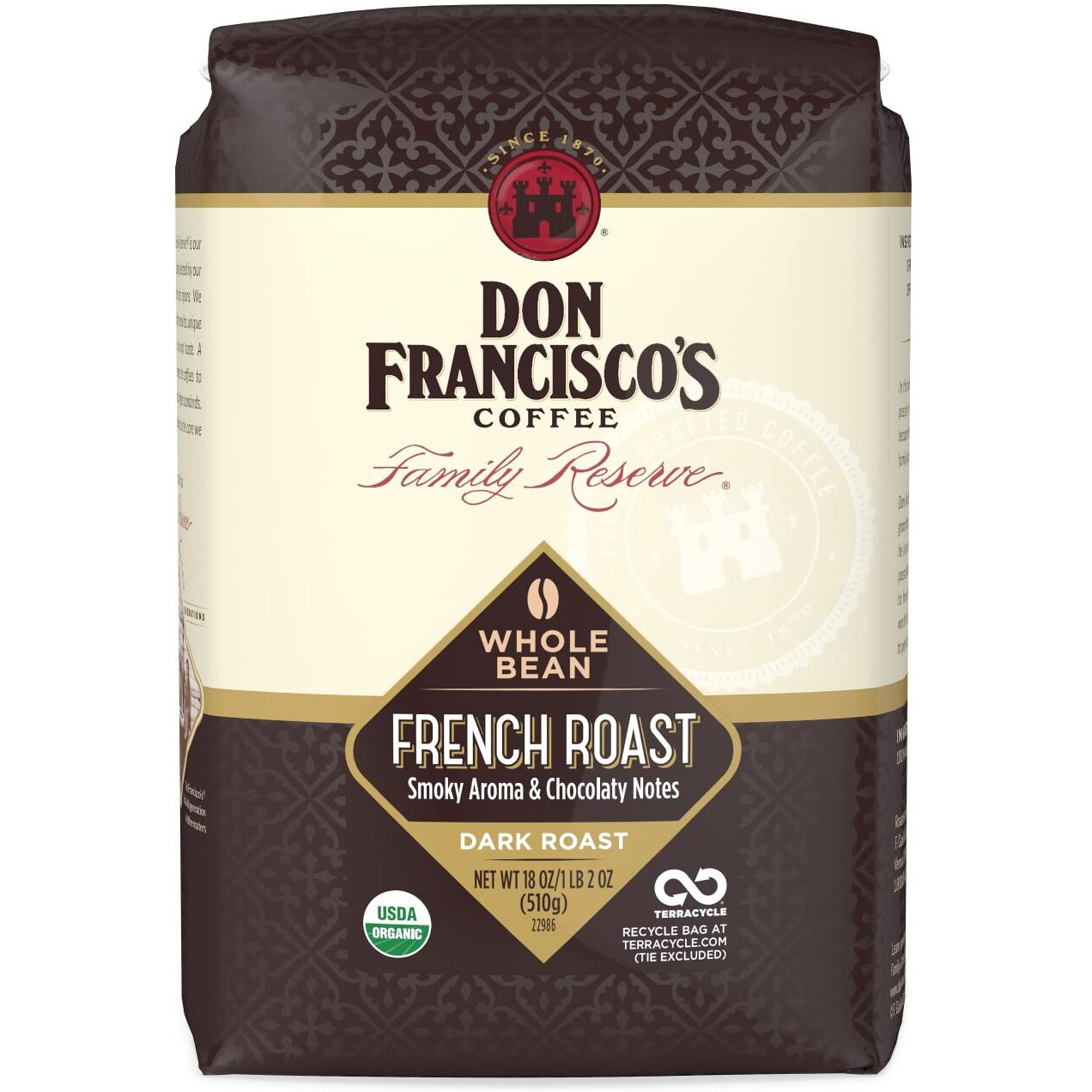 Don Francisco's French Roast Whole Bean Coffee, Dark Roast, 100% Arabica Coffee Beans, 18 Oz Bag