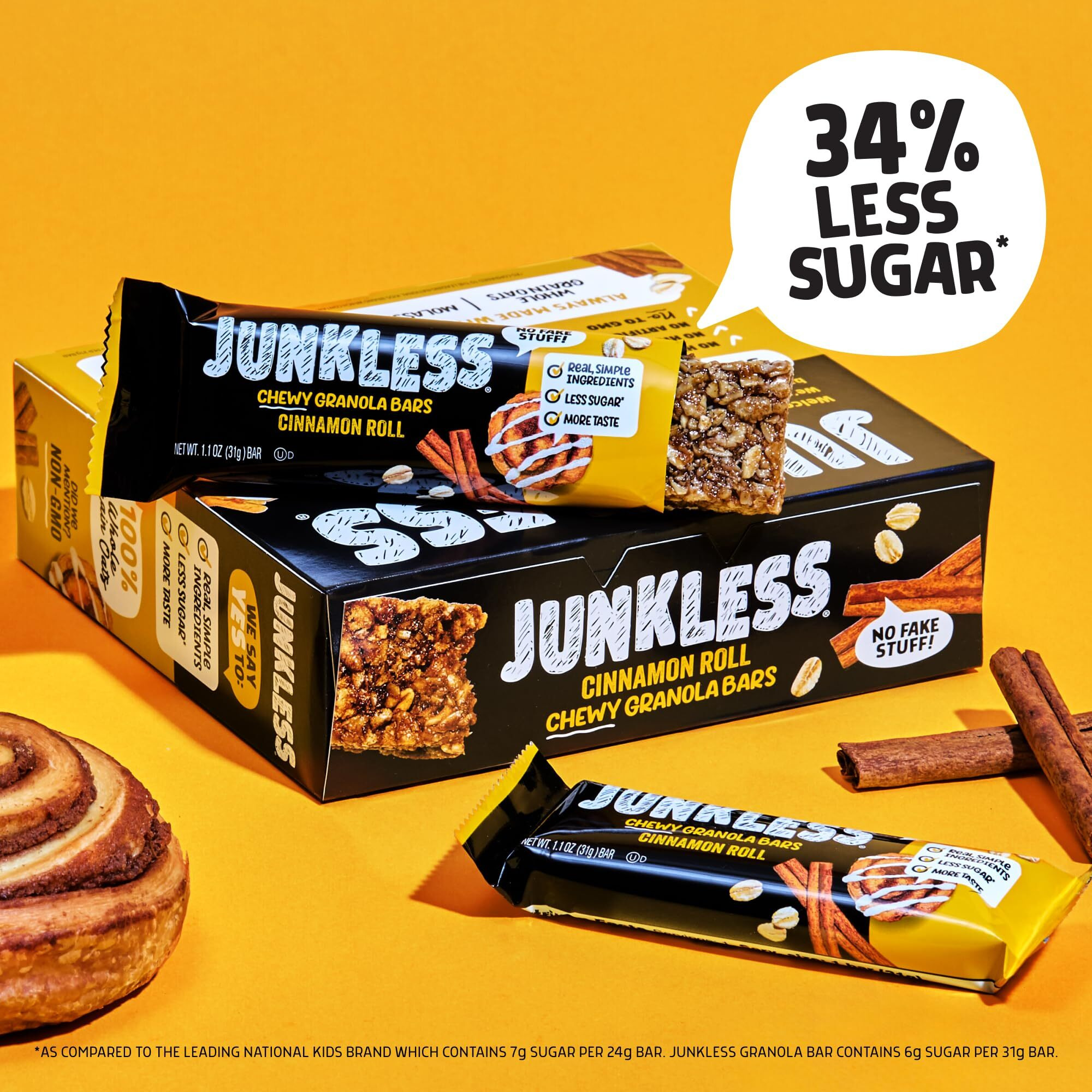 Junkless Cinnamon Roll Chewy Granola Bars - Less Sugar, Great Tasting, Wholesome Snacks - Bulk Granola Bars - 1.1 Oz. Bars, 4 Boxes