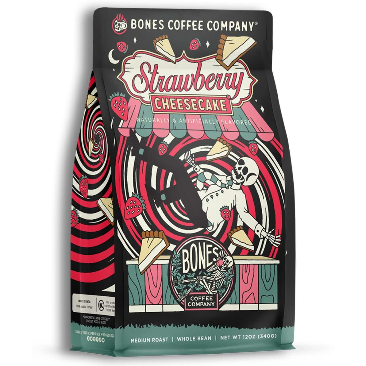 Bones Coffee Company Strawberry Cheesecake Ground Coffee Beans, Low Acid Flavored Coffee, Made With Arabica Coffee Beans, Medium Roast Gourmet Coffee (12 Oz)
