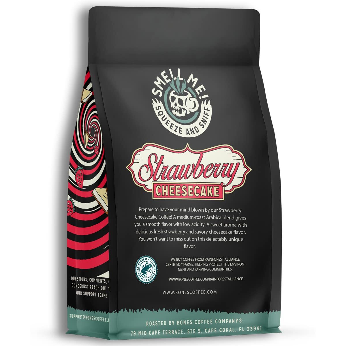 Bones Coffee Company Strawberry Cheesecake Ground Coffee Beans, Low Acid Flavored Coffee, Made With Arabica Coffee Beans, Medium Roast Gourmet Coffee (12 Oz)