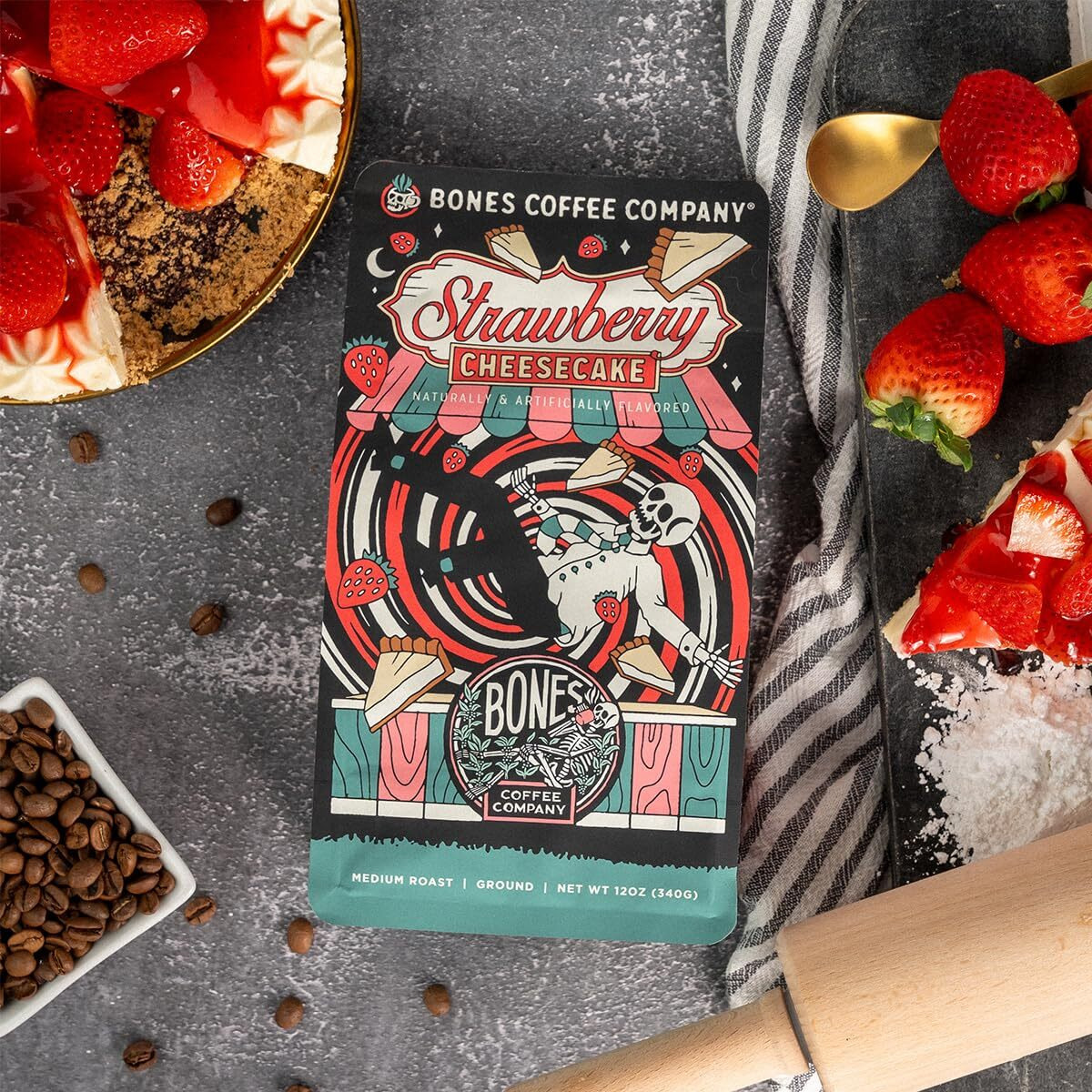 Bones Coffee Company Strawberry Cheesecake Ground Coffee Beans, Low Acid Flavored Coffee, Made With Arabica Coffee Beans, Medium Roast Gourmet Coffee (12 Oz)