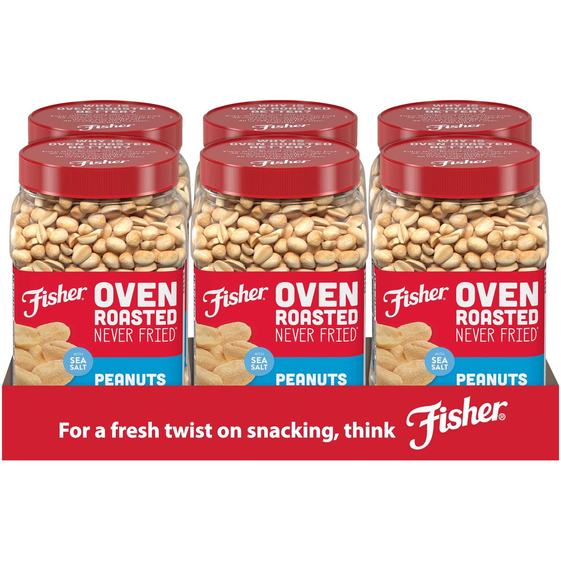 Fisher Oven Roasted Never Fried Peanuts, 24 Ounces (Pack Of 6), Snacks For Adults, Made With Sea Salt, No Added Oils, Artificial Ingredients Or Preservatives, Gluten Free, Vegan Protein, Bulk