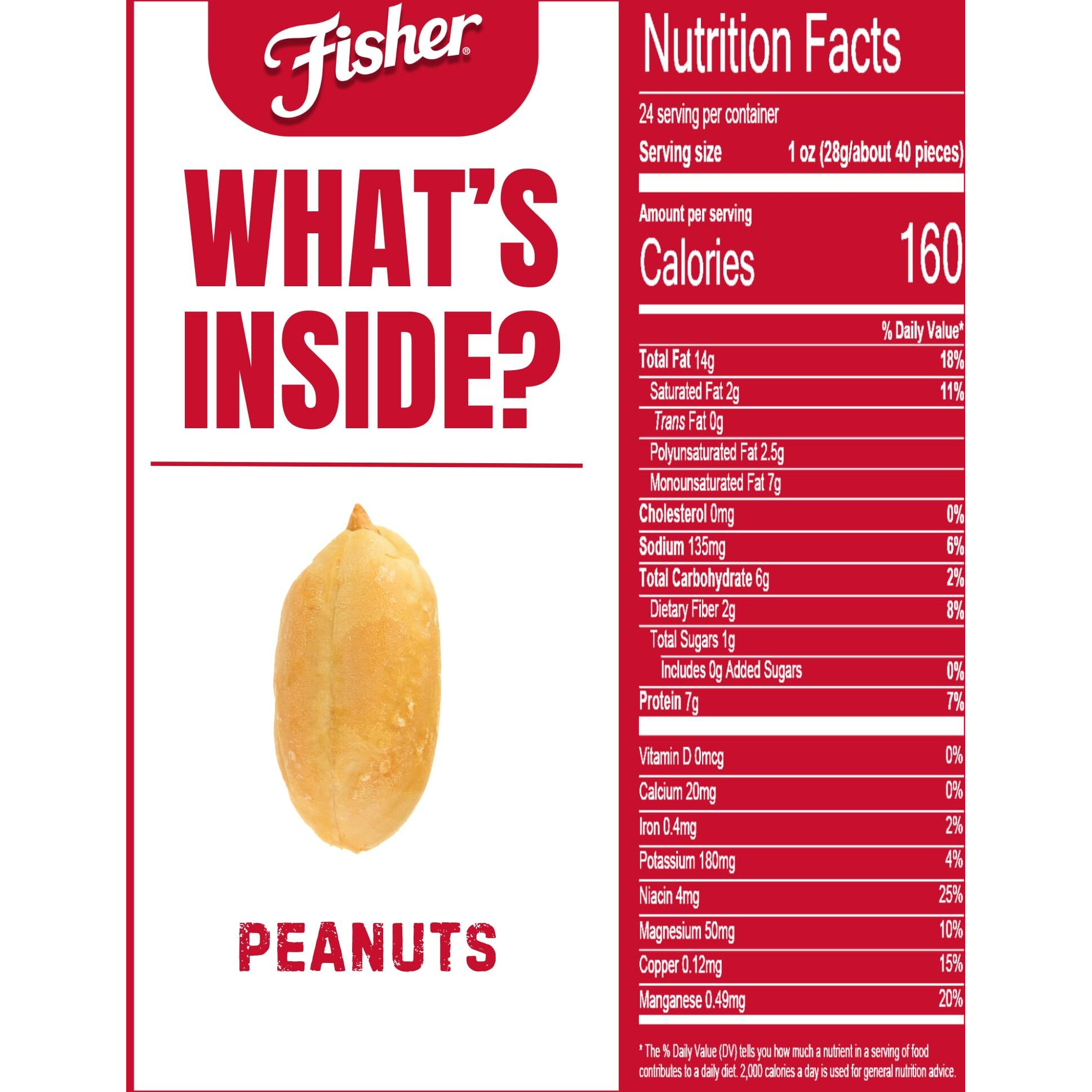 Fisher Oven Roasted Never Fried Peanuts, 24 Ounces (Pack Of 6), Snacks For Adults, Made With Sea Salt, No Added Oils, Artificial Ingredients Or Preservatives, Gluten Free, Vegan Protein, Bulk