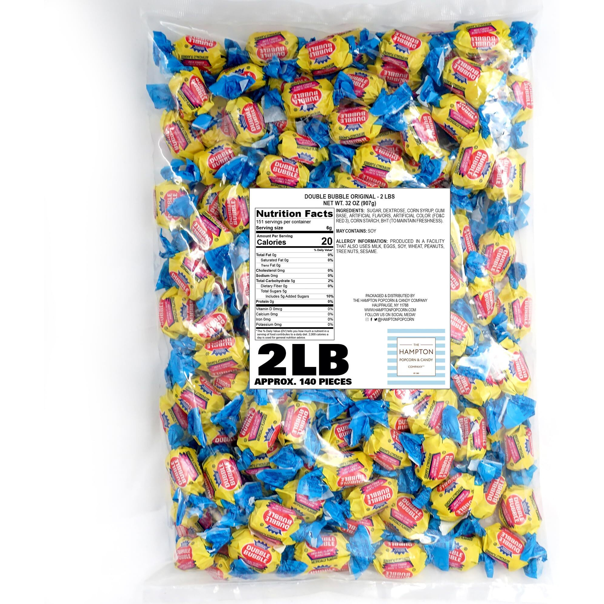 Dubble Bubble Original Gum - 2 Pound Bulk Bag (Approx. 140 Pieces) - Individually Wrapped Gum - The Hampton Popcorn & Candy Company (Original - Pink Gum)