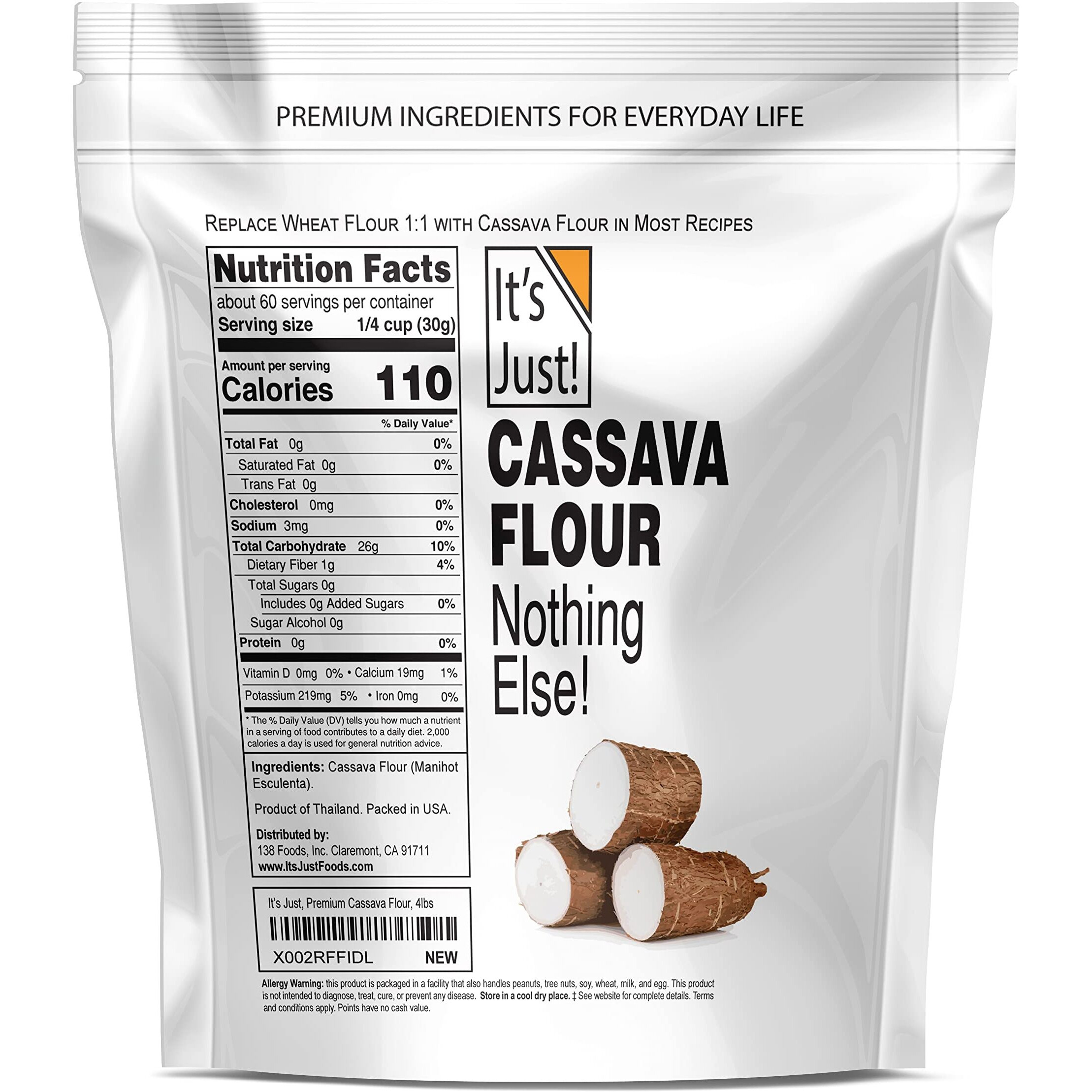 It's Just - Cassava Flour, 4Lb, Made From Real Yucca Root, Non-Gmo, Gluten Free Baking, Tapioca Substitute