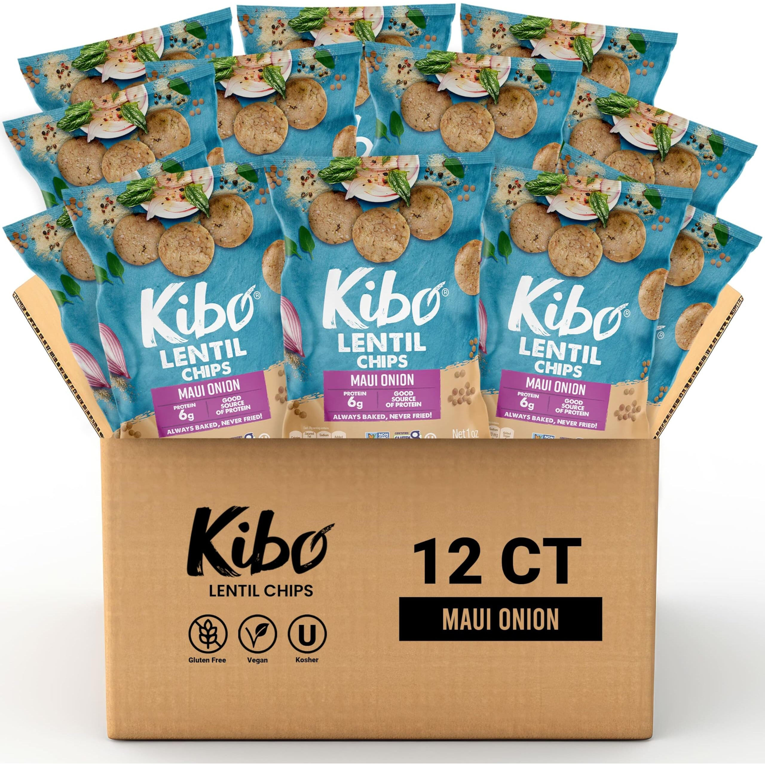 Kibo Maui Onion Flavor Gluten Free Non Gmo Plant Based Lentil Chips 28 Grams, 12 Pack