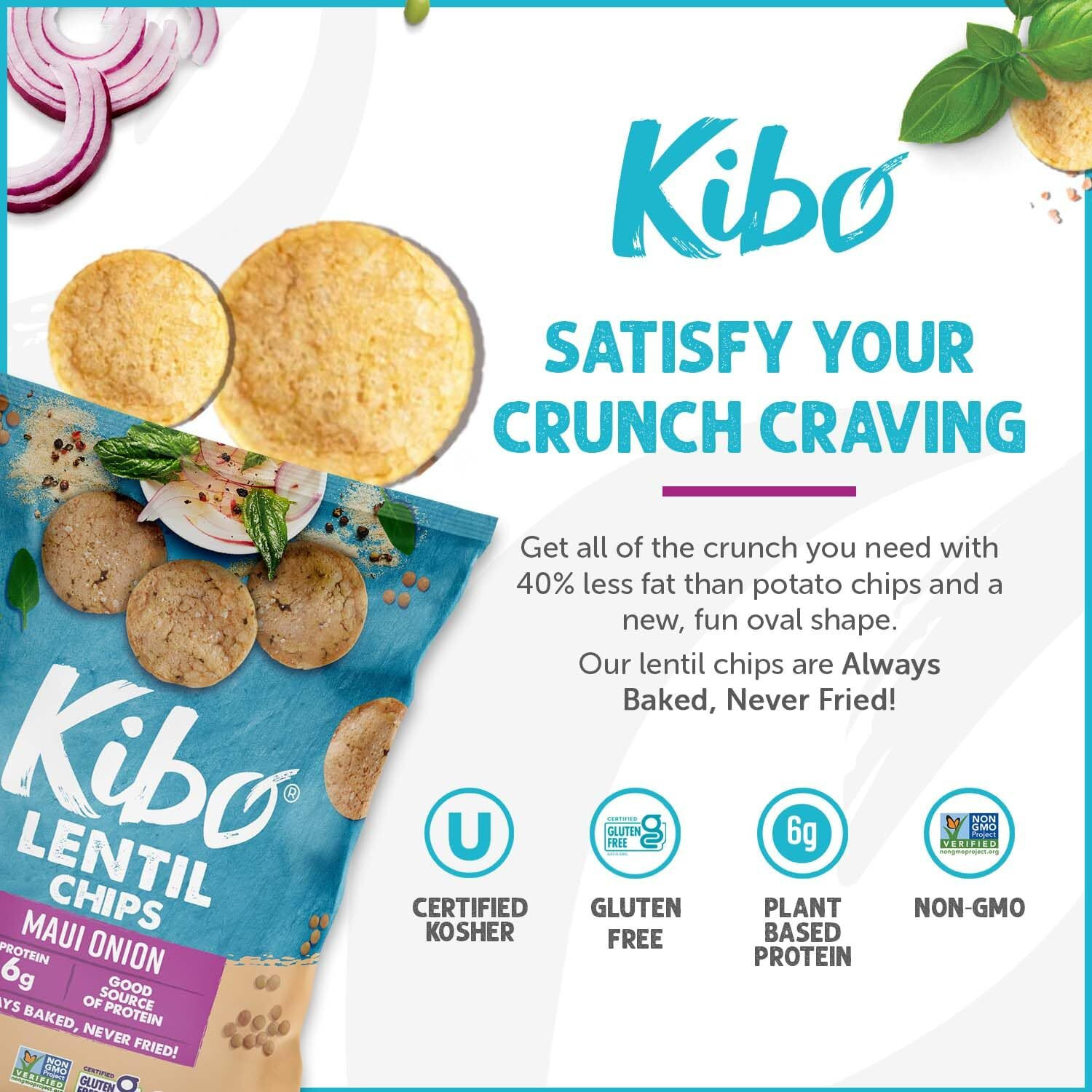 Kibo Maui Onion Flavor Gluten Free Non Gmo Plant Based Lentil Chips 28 Grams, 12 Pack