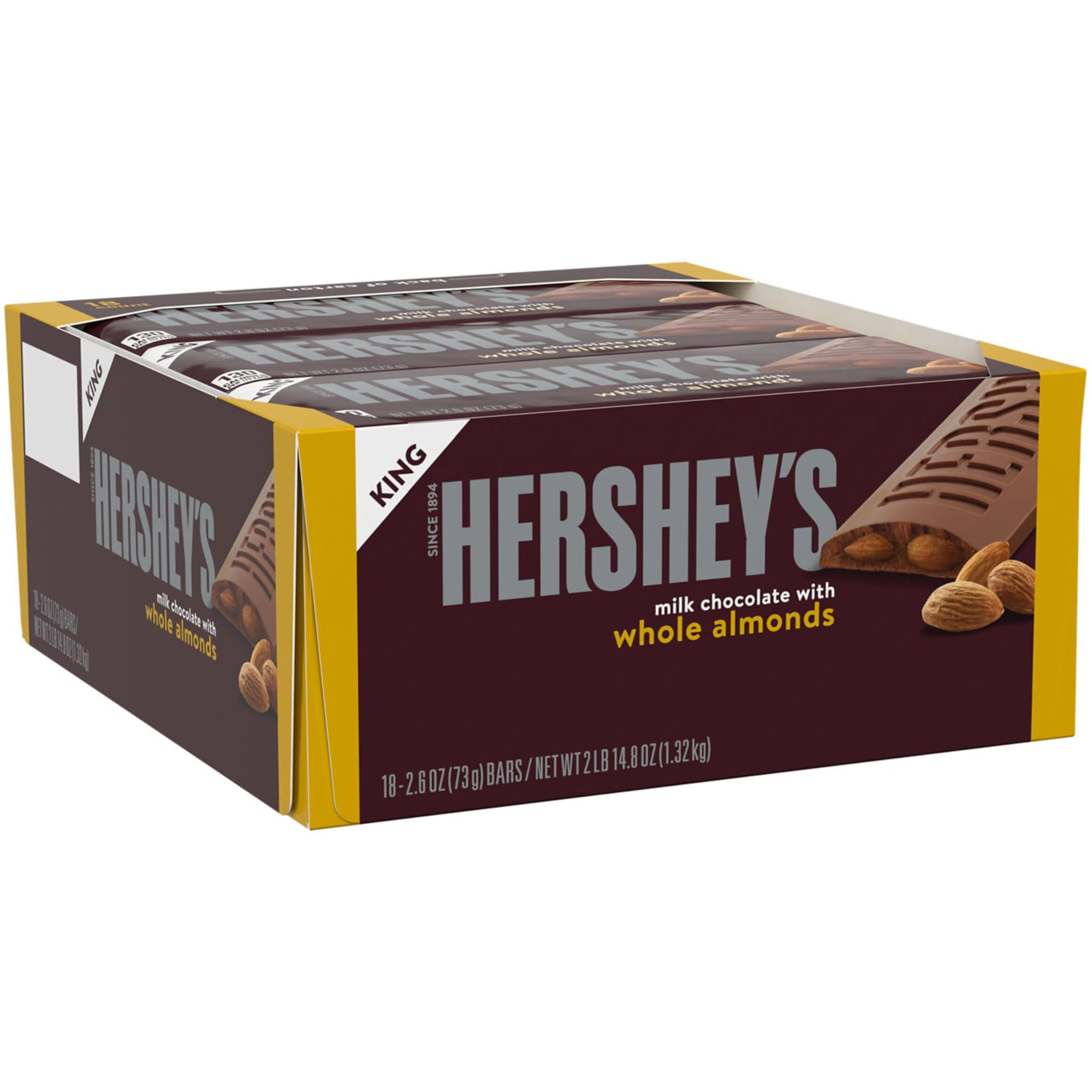 Hershey's Milk Chocolate With Whole Almonds Candy Bars, 2.6 Oz (18 Count)