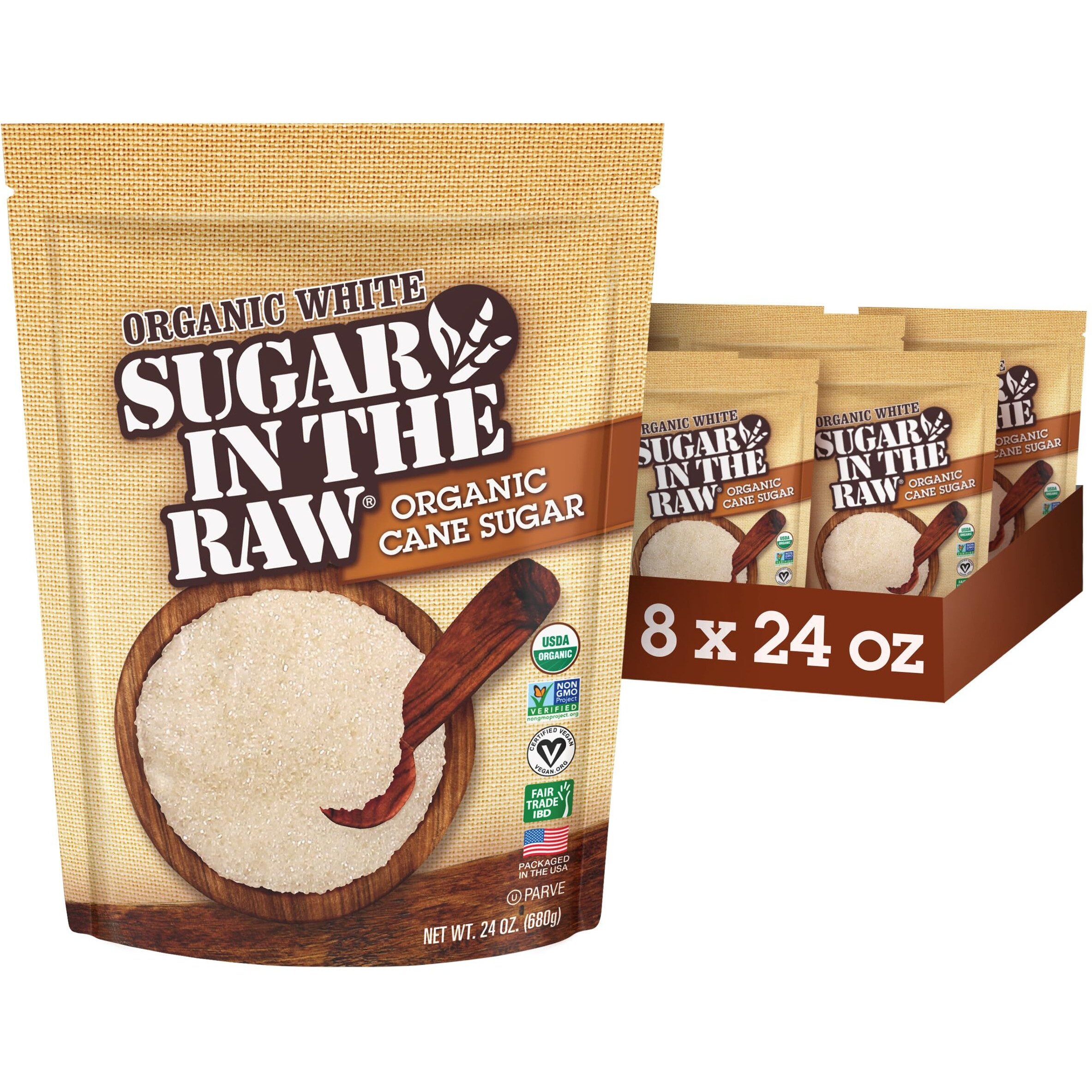 Sugar In The Raw Organic Granulated White Premium Cane Sugar, No Erythritol, Pure Natural Sweetener, Hot & Cold Drinks, Coffee, Baking, Vegan, Gluten-Free, Non-Gmo, Bulk Sugar, 24 Oz Bag (8-Pack)