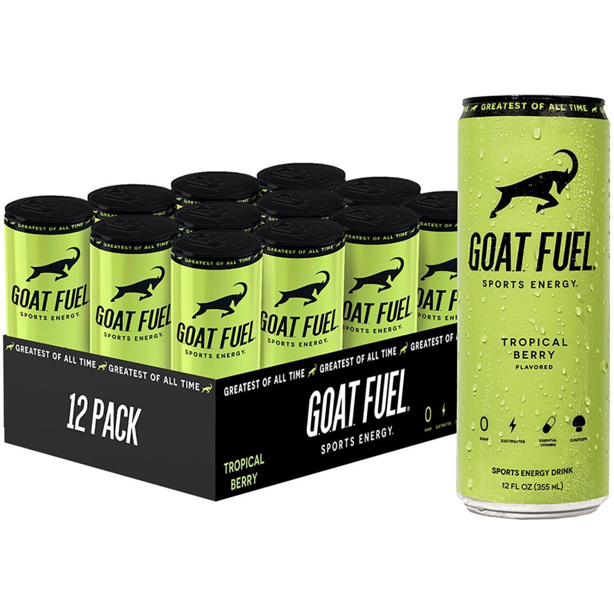 New G.O.A.T. Fuel Energy Drink - Sugar-Free Pre-Workout Energy- Increase Mental And Physical Performance - With Cordyceps Mushrooms, Bcaas And Electrolytes (Pack Of 12) (Tropical Berry)
