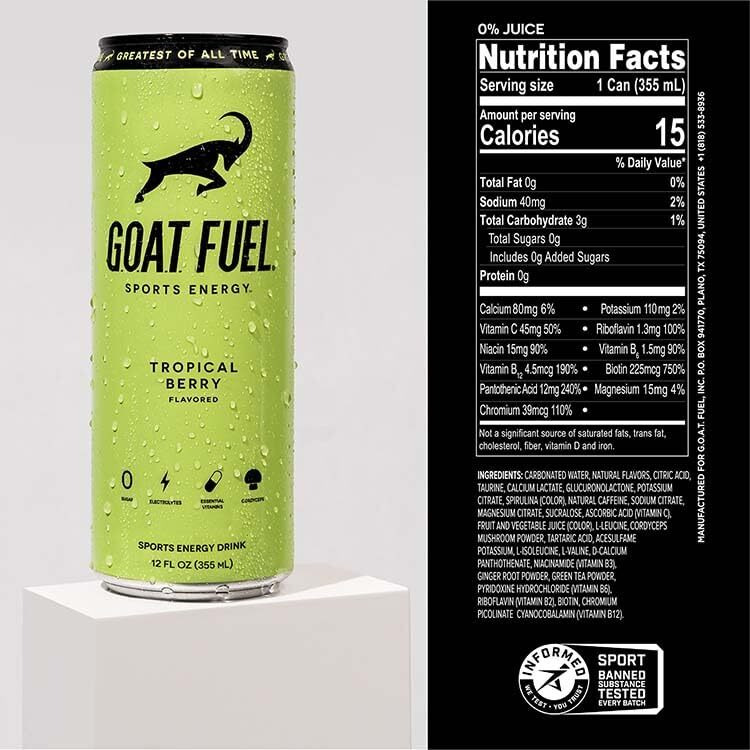 New G.O.A.T. Fuel Energy Drink - Sugar-Free Pre-Workout Energy- Increase Mental And Physical Performance - With Cordyceps Mushrooms, Bcaas And Electrolytes (Pack Of 12) (Tropical Berry)