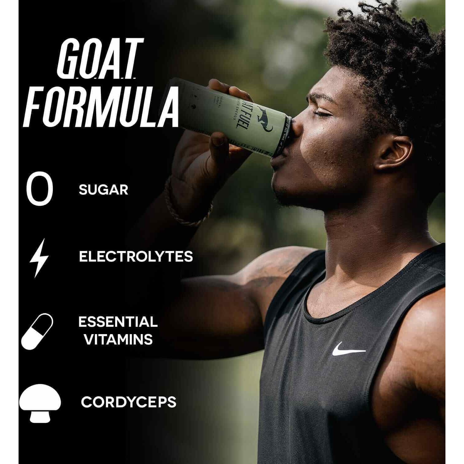 New G.O.A.T. Fuel Energy Drink - Sugar-Free Pre-Workout Energy- Increase Mental And Physical Performance - With Cordyceps Mushrooms, Bcaas And Electrolytes (Pack Of 12) (Tropical Berry)