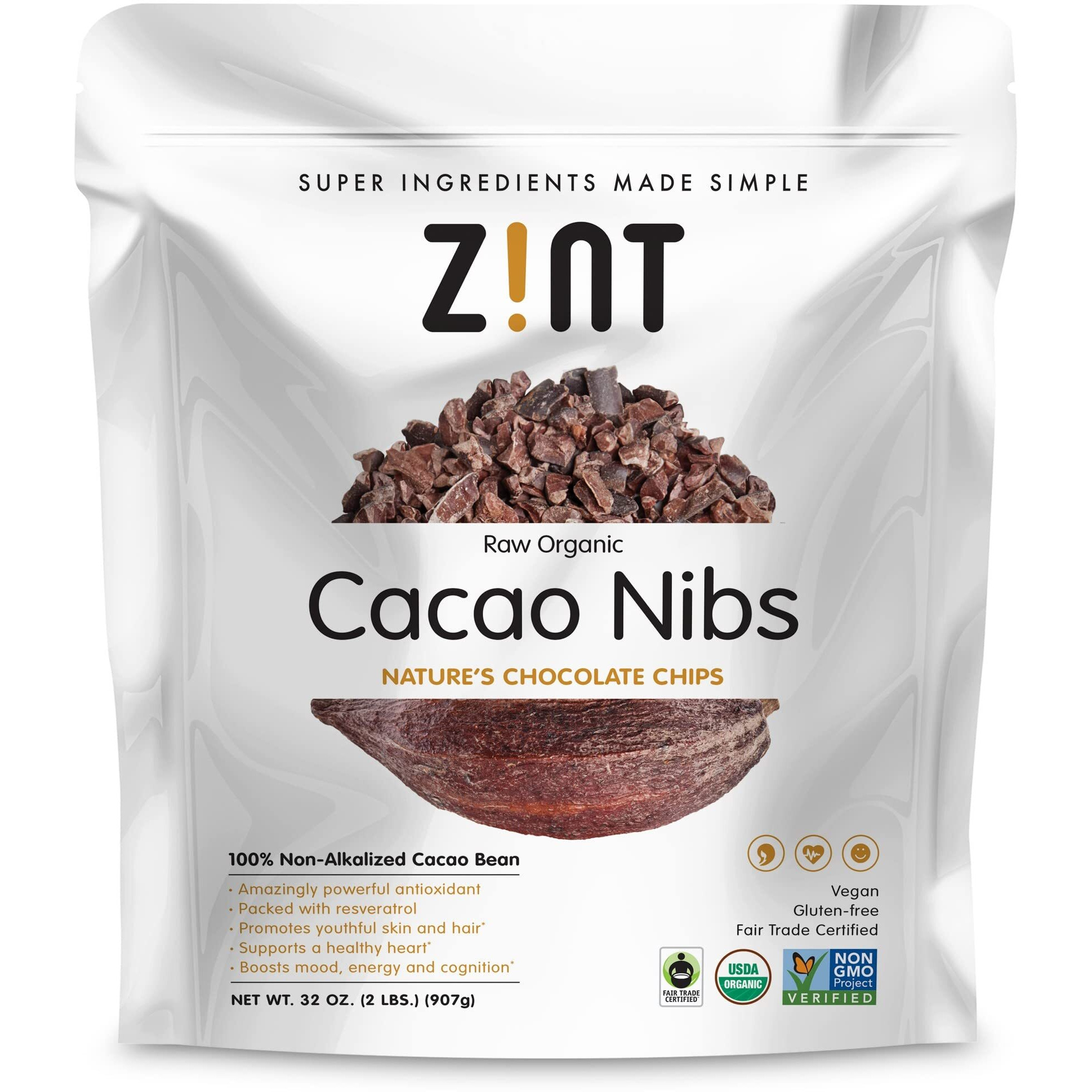 Zint Organic Cacao Nibs (32 Oz) Fair Trade, Paleo-Certified, Organic, Non Gmo, Anti Aging Antioxidant Superfood, Gluten Free Cocoa Cacao Beans