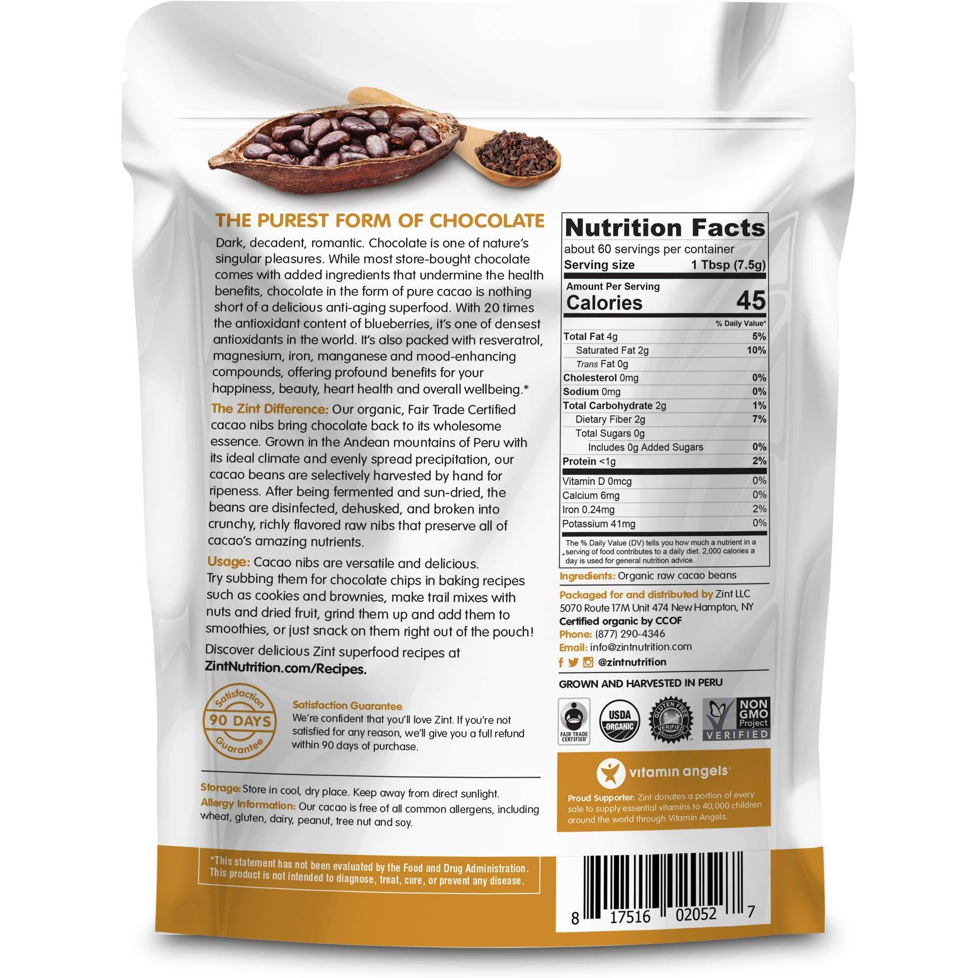 Zint Organic Cacao Nibs (32 Oz) Fair Trade, Paleo-Certified, Organic, Non Gmo, Anti Aging Antioxidant Superfood, Gluten Free Cocoa Cacao Beans