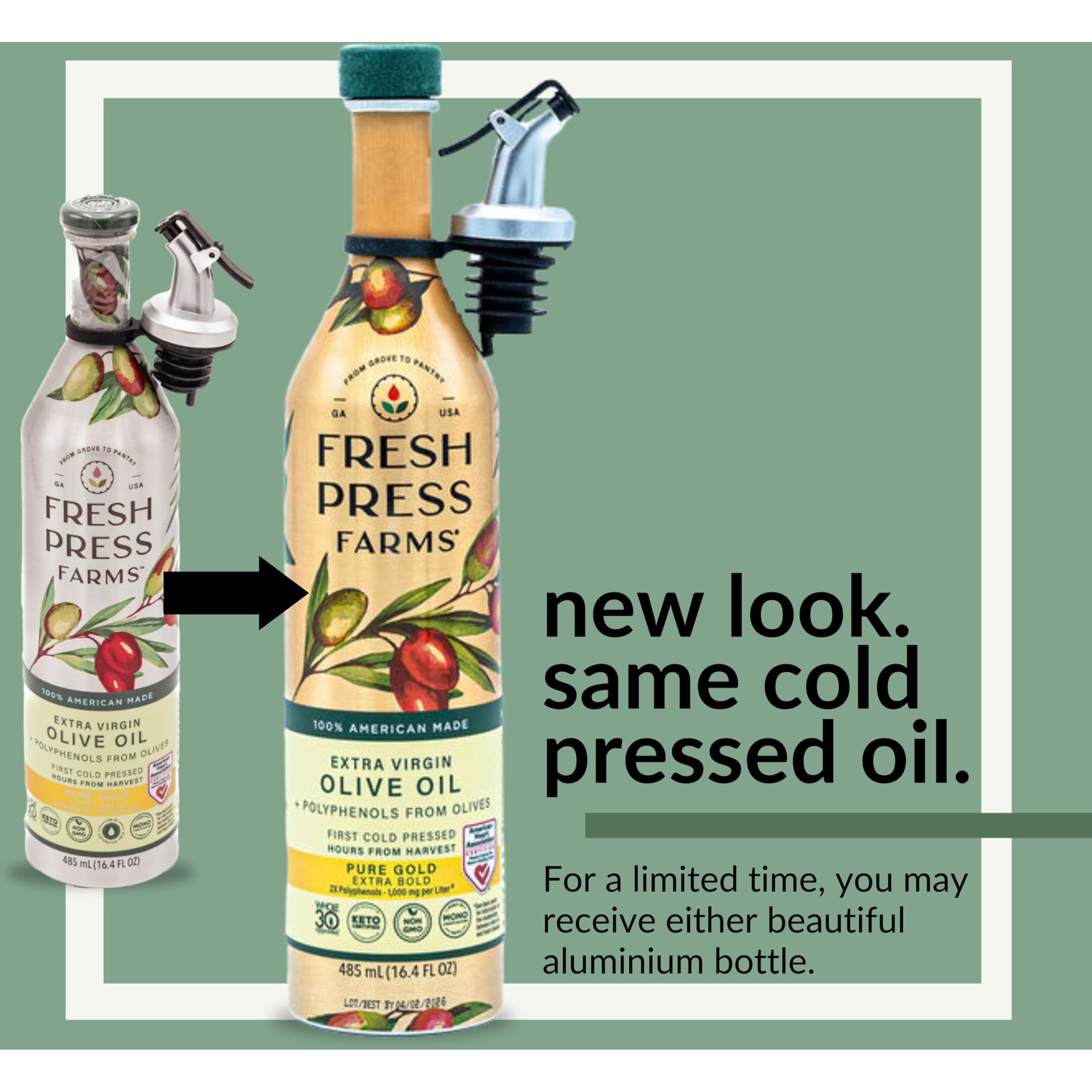 Fresh Press Farms Cold Pressed High Polyphenol Pure Gold Extra Virgin Olive Oil, 16.4 Fl Oz (Pack Of 2), Georgia Grown, 100% American Made, Unrefined, Certified Whole30, Non-Gmo, Keto, Paleo, Gluten Free, Packaging May Vary