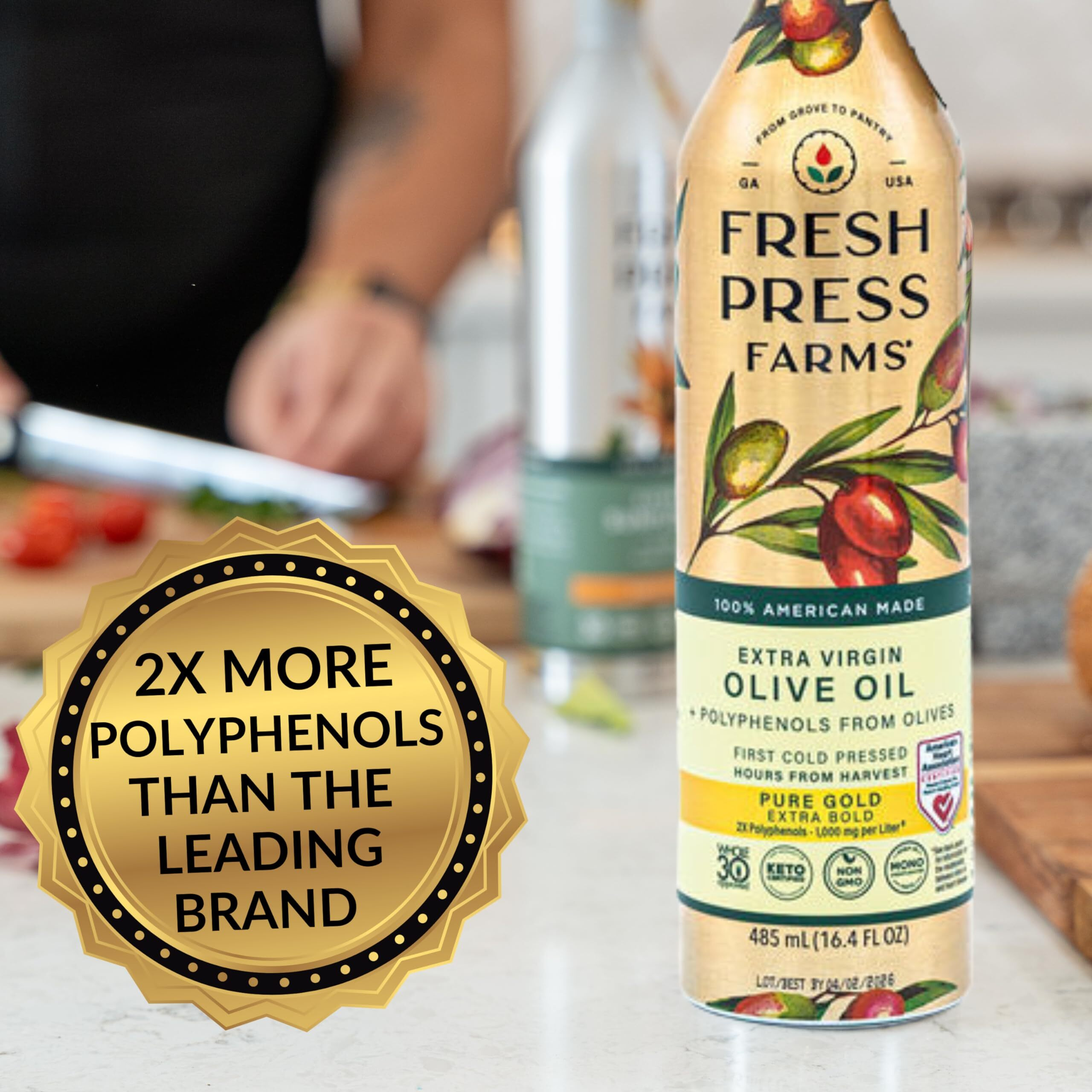 Fresh Press Farms Cold Pressed High Polyphenol Pure Gold Extra Virgin Olive Oil, 16.4 Fl Oz (Pack Of 2), Georgia Grown, 100% American Made, Unrefined, Certified Whole30, Non-Gmo, Keto, Paleo, Gluten Free, Packaging May Vary