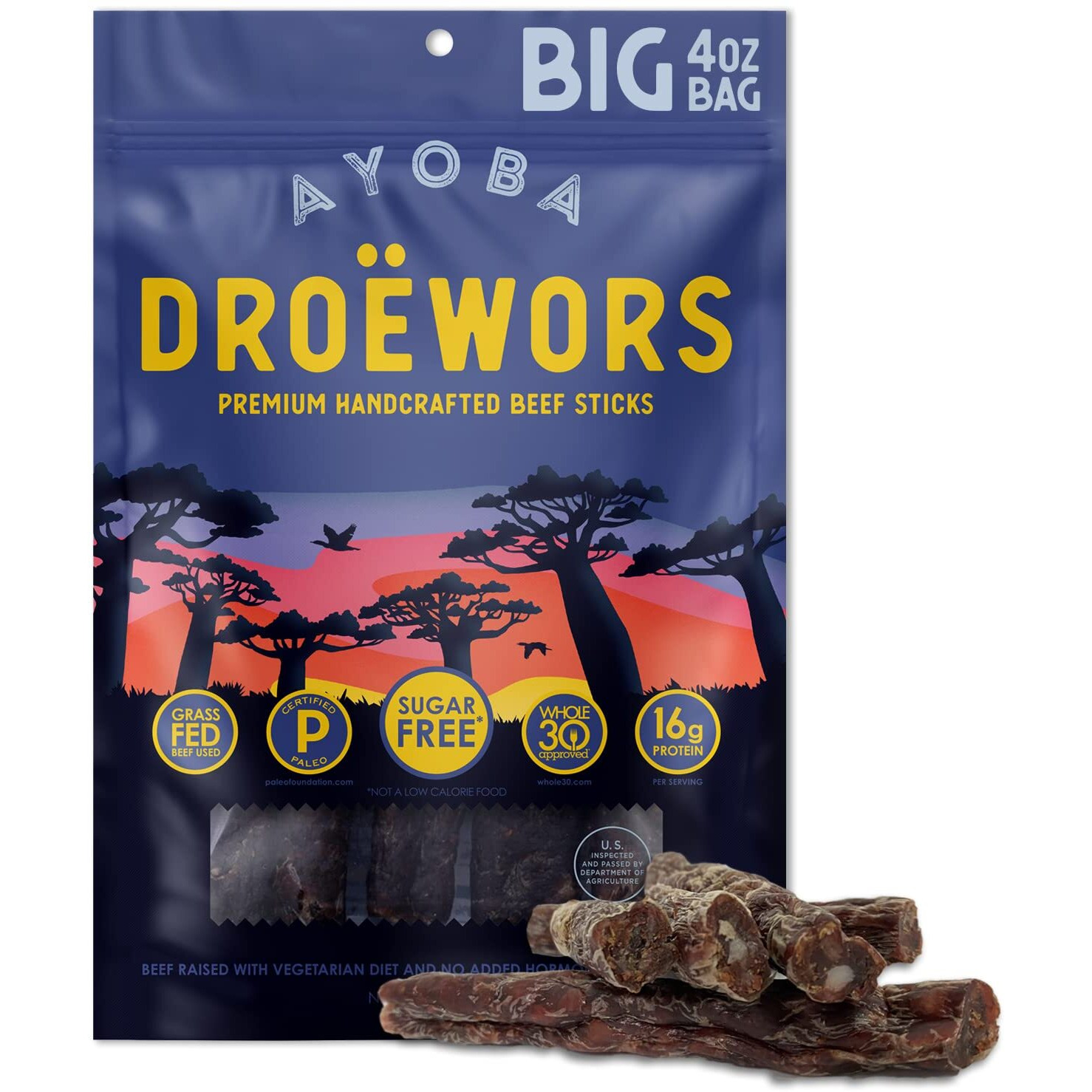 Ayoba Droewors Grass Fed Beef Paleo Sticks (4 Ounce, Pack Of 1) Keto Friendly, Air-Dried Grass Fed Beef Snack - Gluten Free, Nitrate Free, No Sugar, Meat Snacks