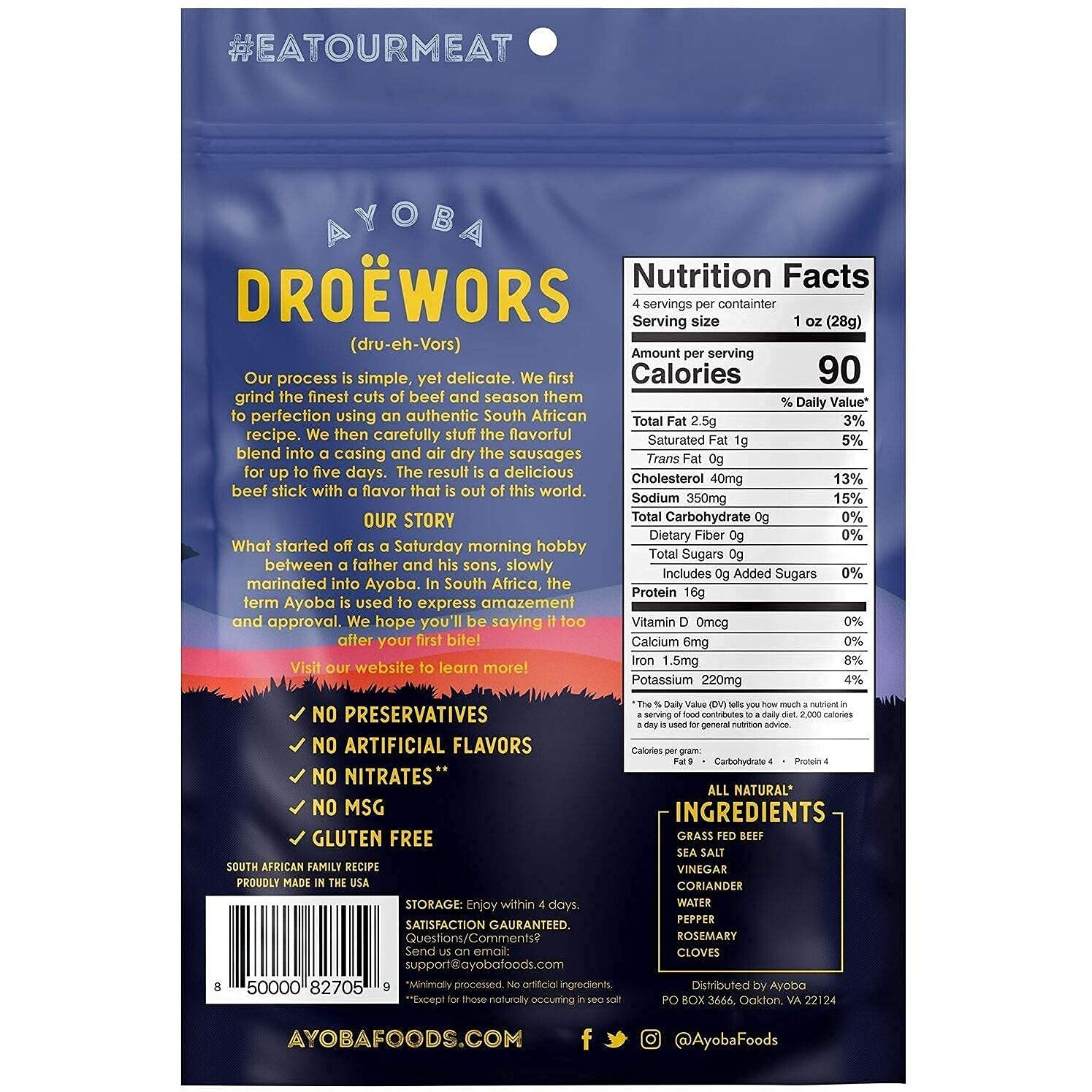 Ayoba Droewors Grass Fed Beef Paleo Sticks (4 Ounce, Pack Of 1) Keto Friendly, Air-Dried Grass Fed Beef Snack - Gluten Free, Nitrate Free, No Sugar, Meat Snacks