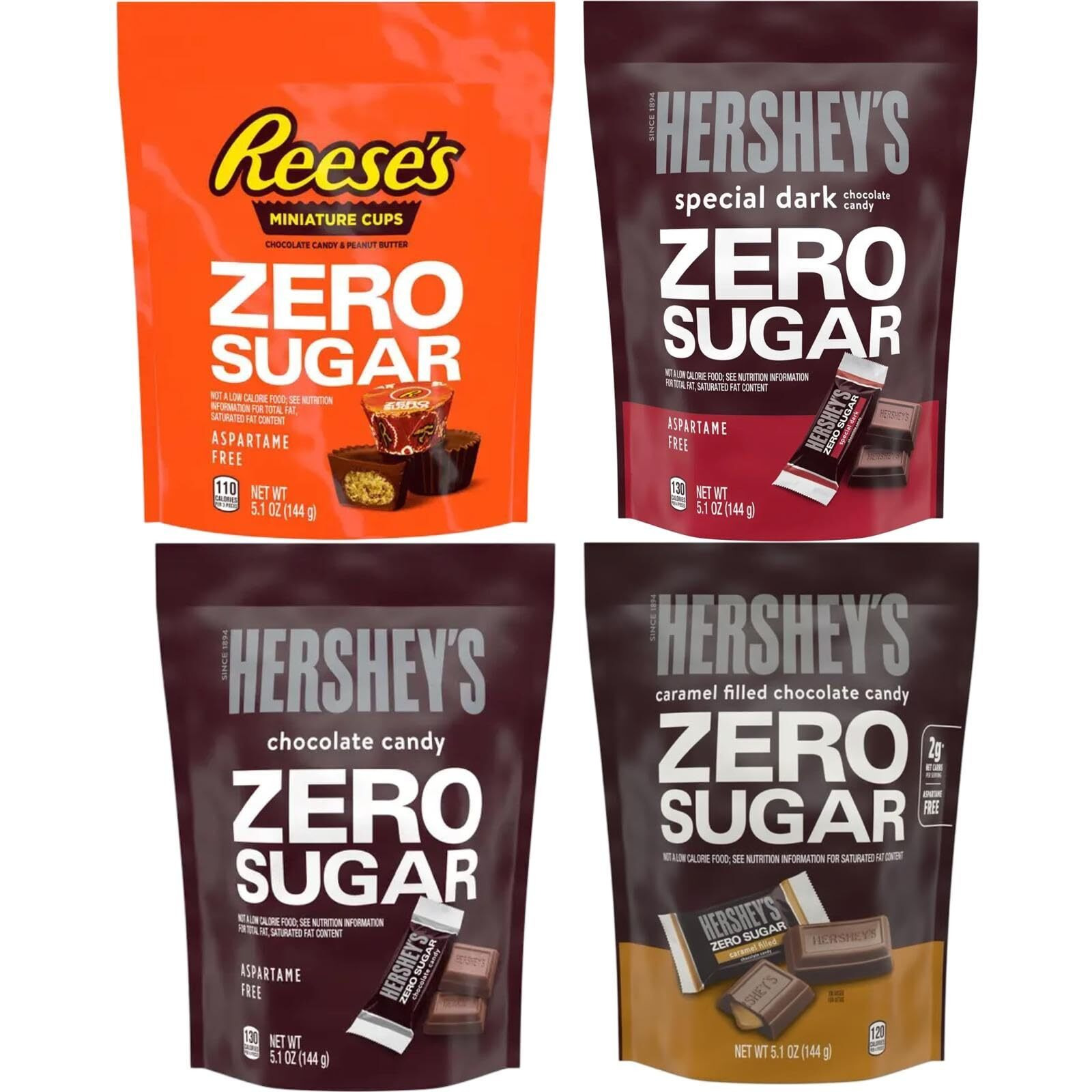 Hershey's Zero Sugar Variety Pack Candy Bars - Pack Of 4 Bags - Caramel Filled, Milk Chocolates, Special Dark, Peanut Butter Cups, 5.1 Oz Bags