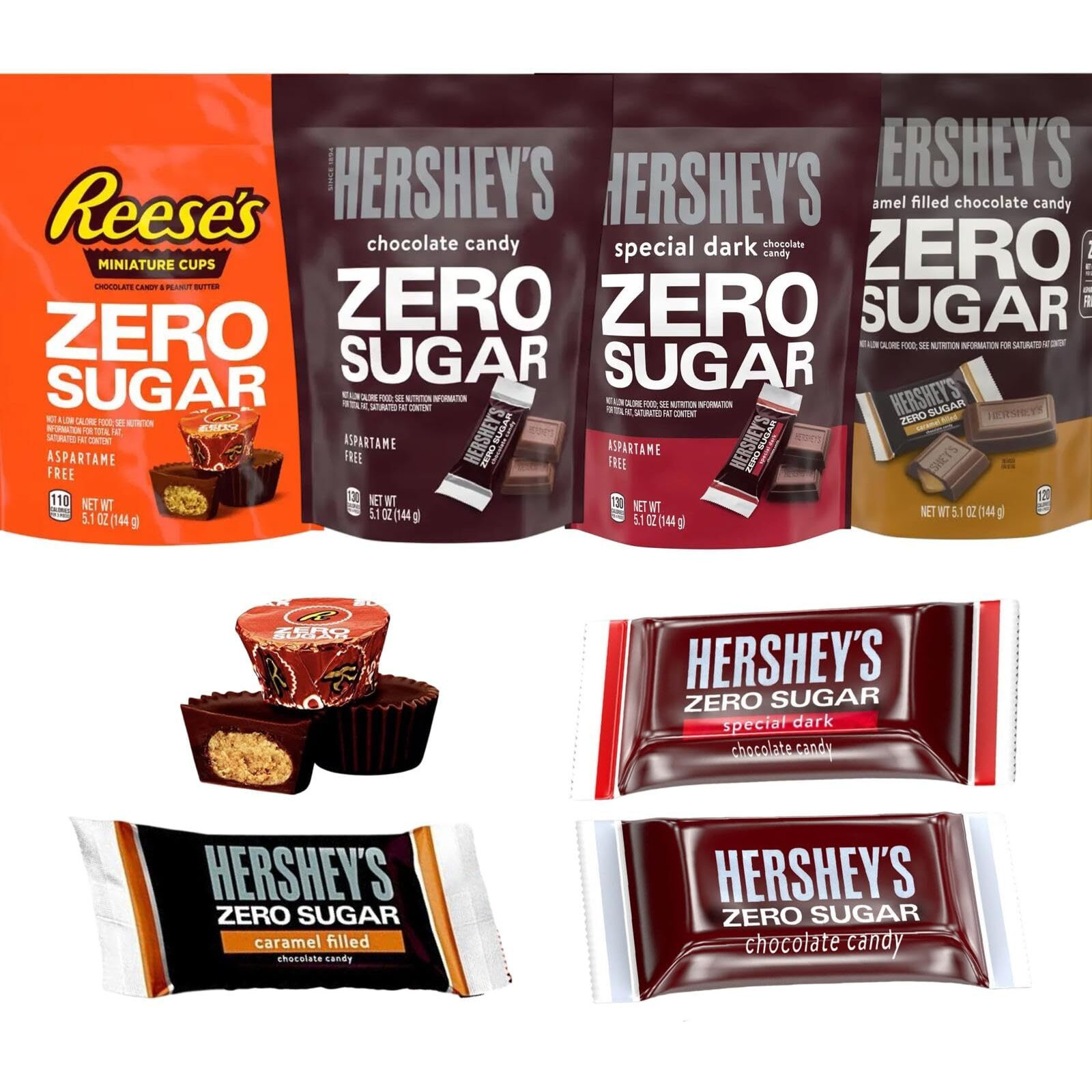 Hershey's Zero Sugar Variety Pack Candy Bars - Pack Of 4 Bags - Caramel Filled, Milk Chocolates, Special Dark, Peanut Butter Cups, 5.1 Oz Bags
