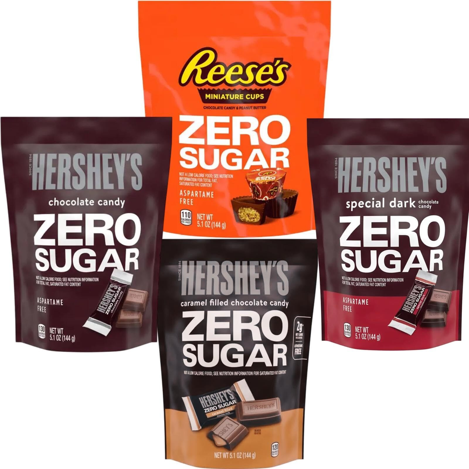 Hershey's Zero Sugar Variety Pack Candy Bars - Pack Of 4 Bags - Caramel Filled, Milk Chocolates, Special Dark, Peanut Butter Cups, 5.1 Oz Bags