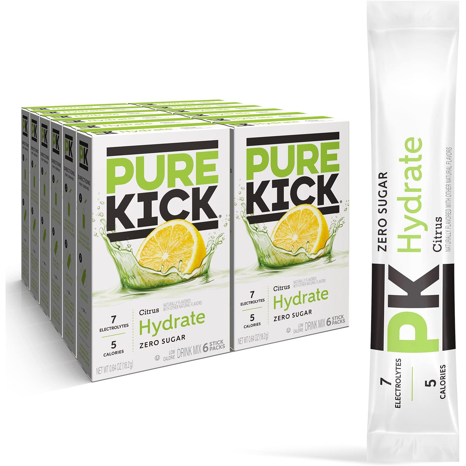 Pure Kick Hydration Singles To Go Drink Mix, Citrus, Includes 12 Boxes With 6 Packets In Each Box, 72 Total Packets