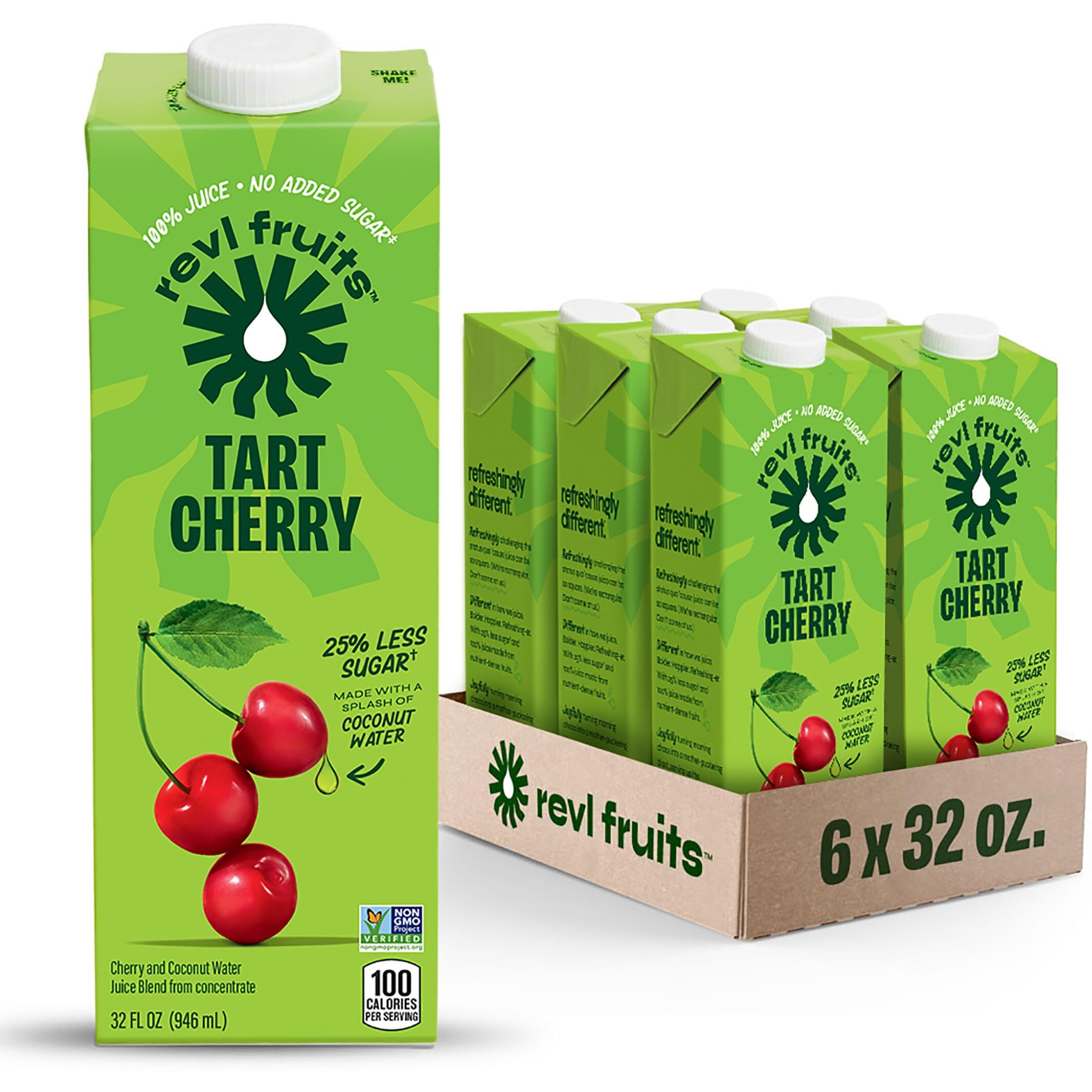 Revl Fruits 100% Juice, No Added Sugar, Tart Cherry, 32 Fl Oz. Carton (Pack Of 6)